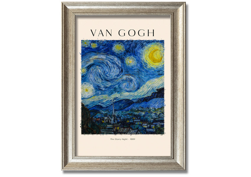 A vibrant reproduction of Van Gogh's The Starry Night, showcasing swirling stars and a peaceful village, mounted on a sturdy frame.