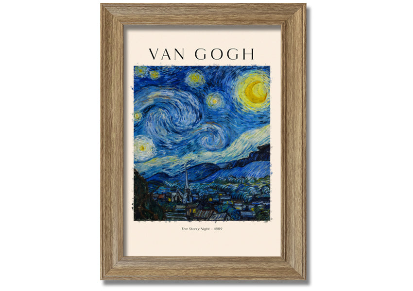 A vibrant reproduction of Van Gogh's The Starry Night, showcasing swirling stars and a peaceful village, mounted on a sturdy frame.