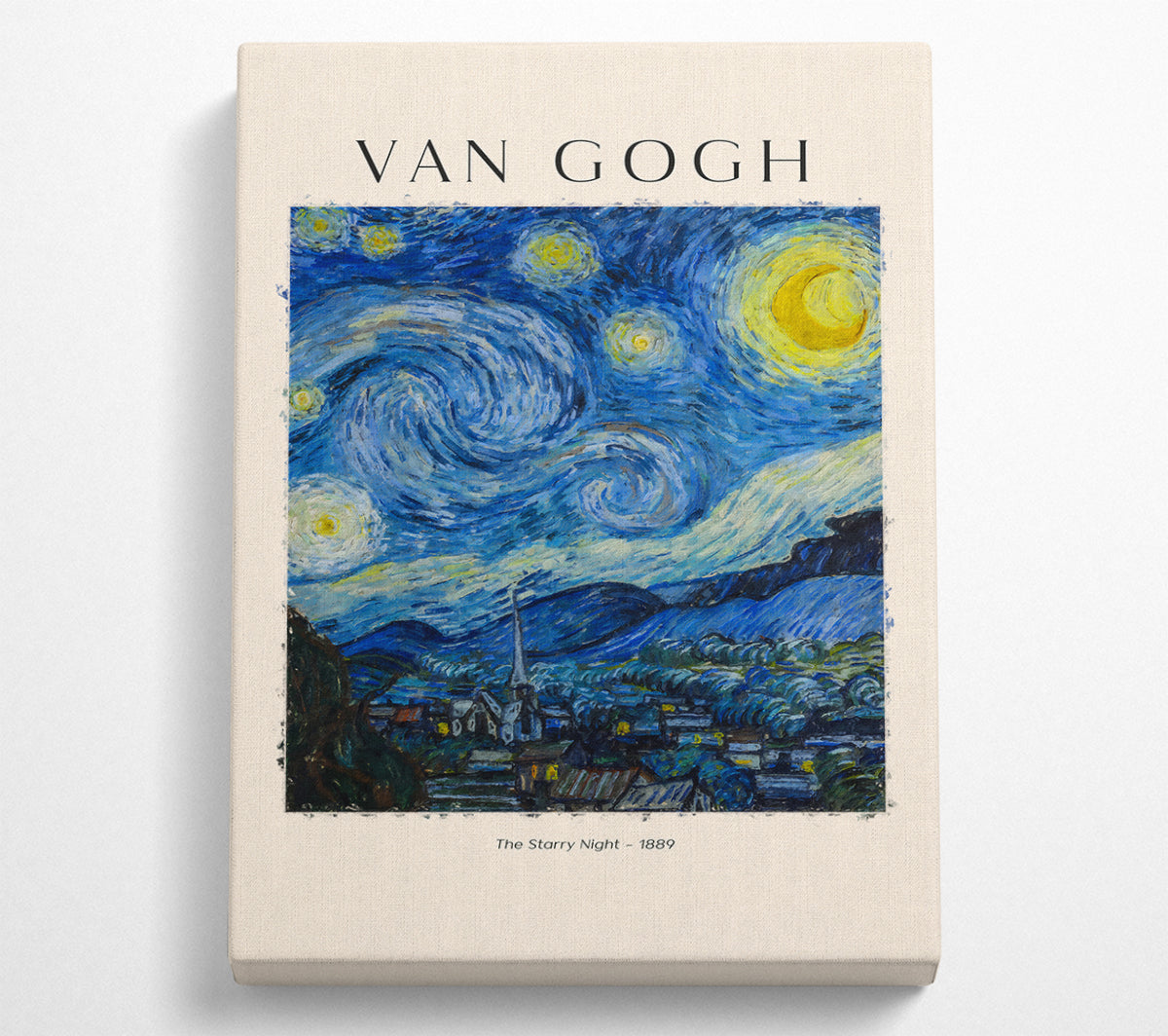 A vibrant canvas print of The Starry Night by Van Gogh, showcasing swirling blue skies and bright stars, mounted on a sturdy box frame.