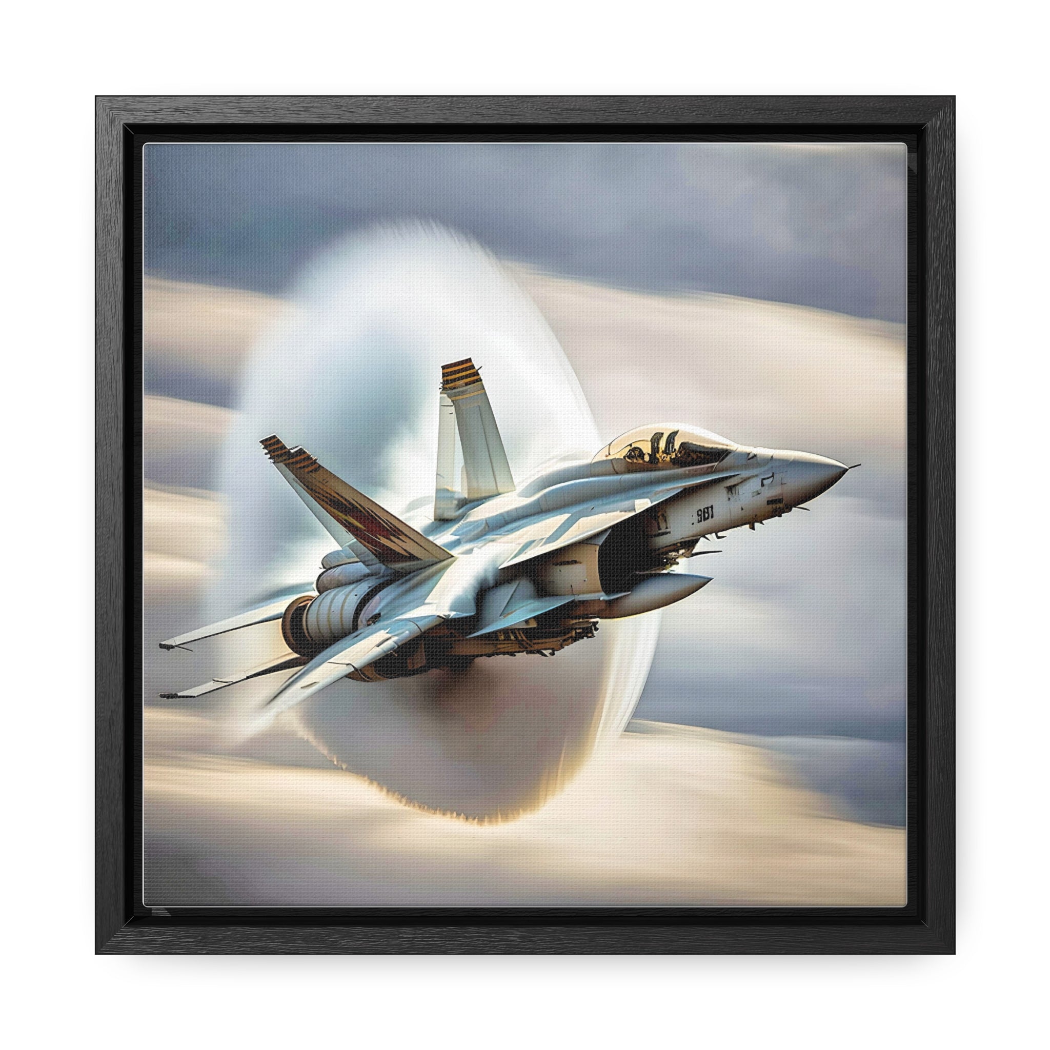 A high-resolution canvas print of the Super Hornet fighter jet, showcasing its sleek design and advanced weaponry, framed in walnut or black.