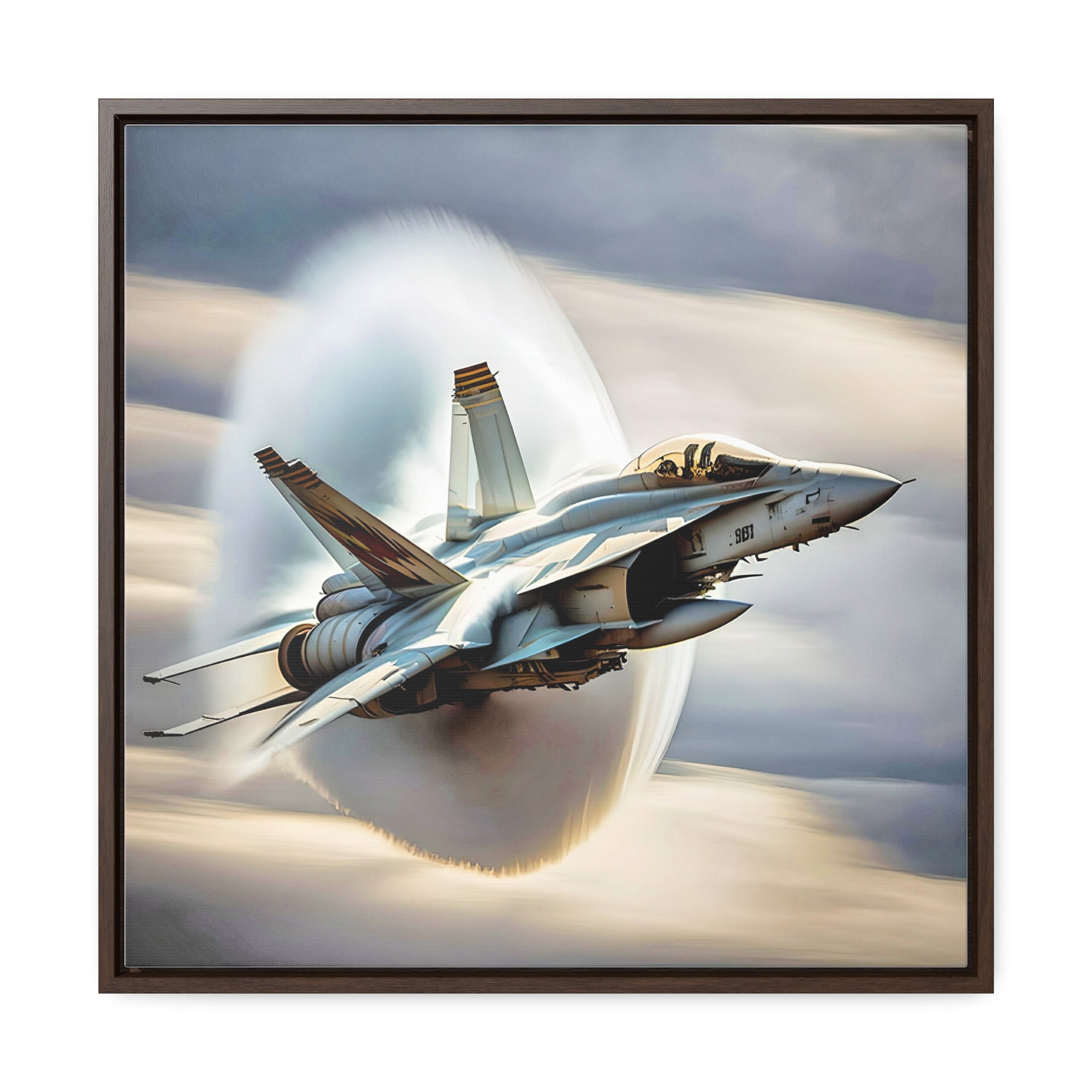 A high-resolution canvas print of the Super Hornet fighter jet, showcasing its sleek design and advanced weaponry, framed in walnut or black.