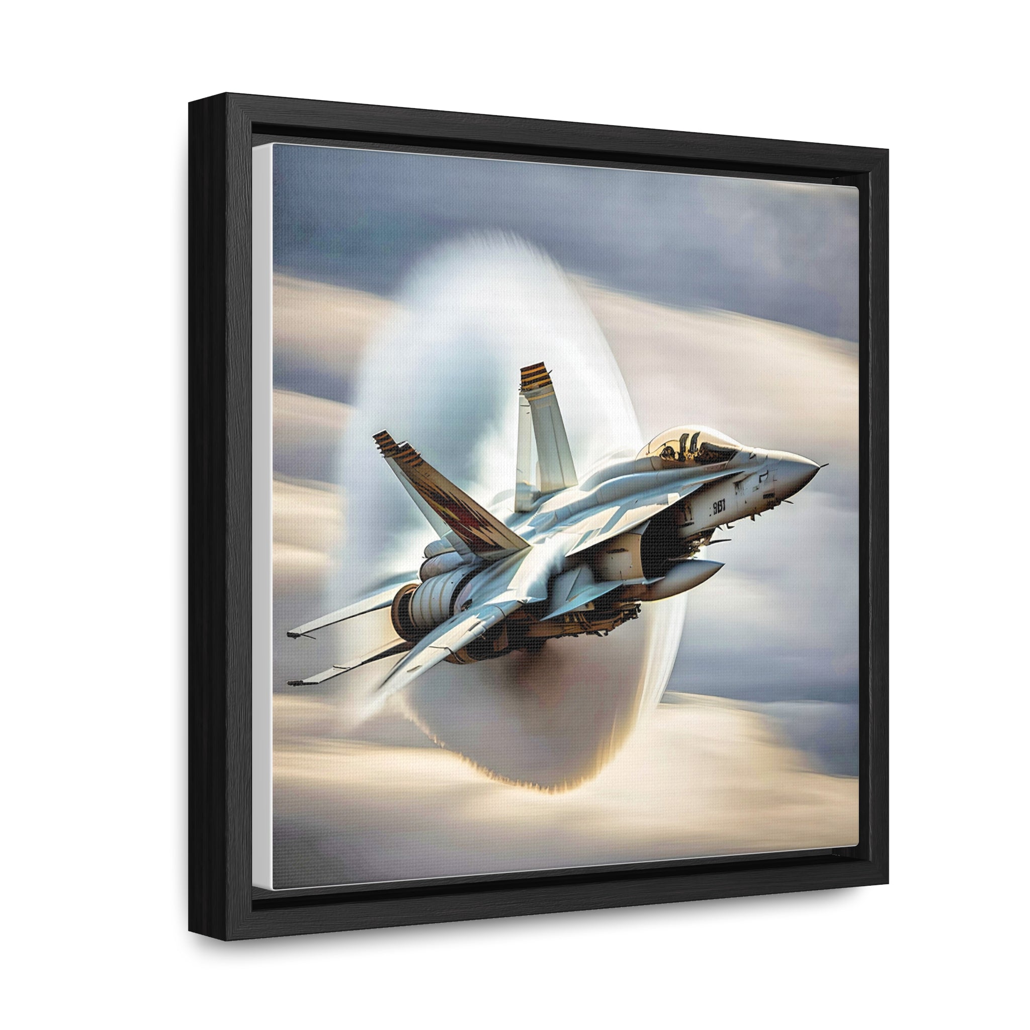 A high-resolution canvas print of the Super Hornet fighter jet, showcasing its sleek design and advanced weaponry, framed in walnut or black.