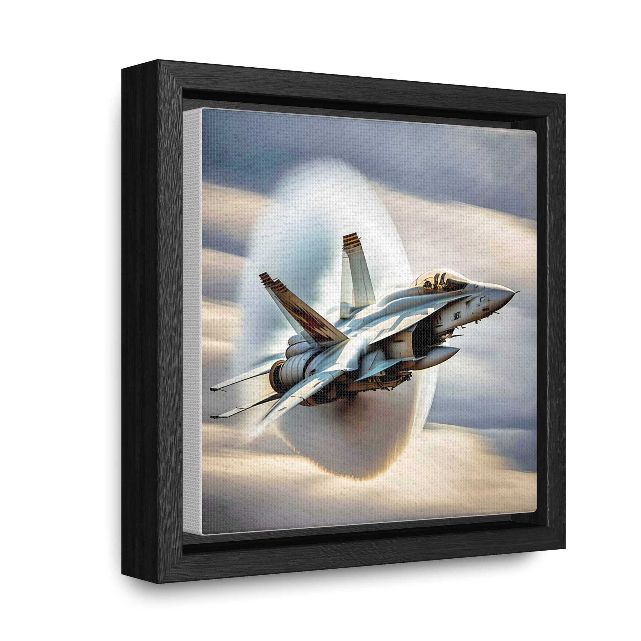 A high-resolution canvas print of the Super Hornet fighter jet, showcasing its sleek design and advanced weaponry, framed in walnut or black.