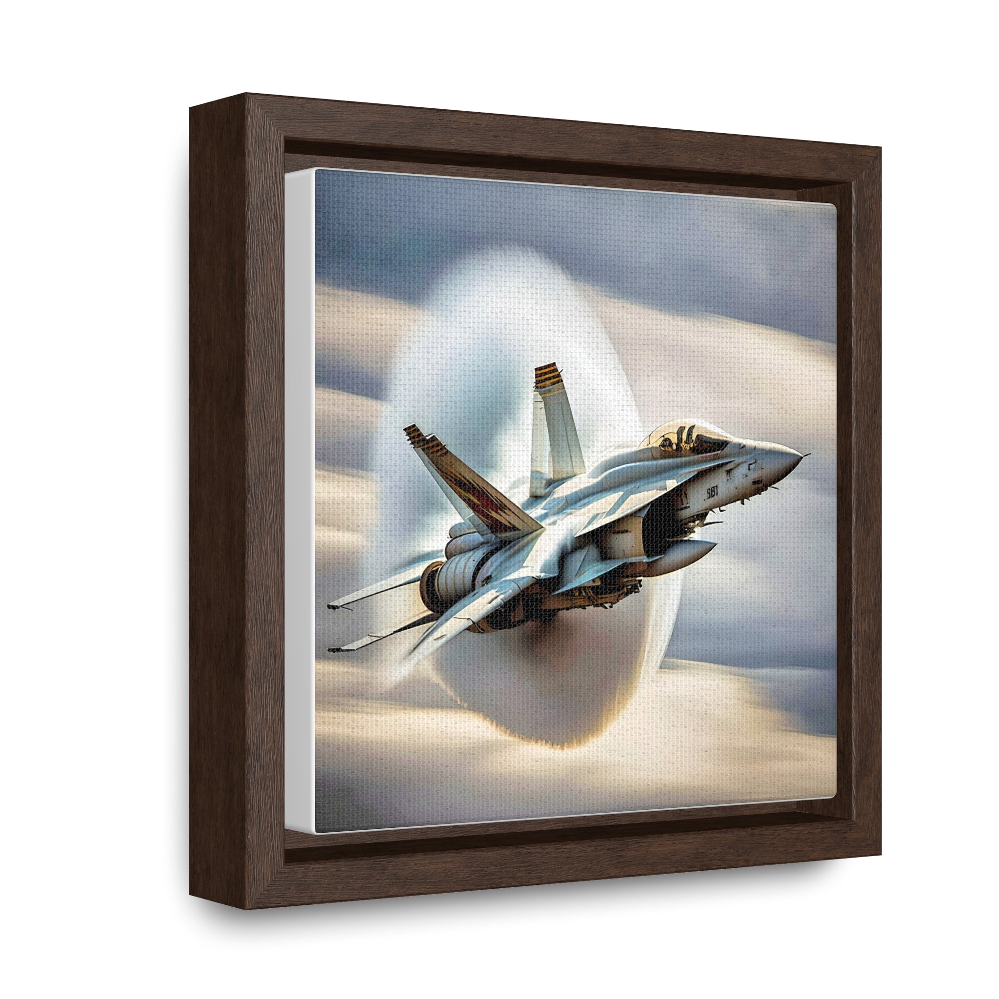 A high-resolution canvas print of the Super Hornet fighter jet, showcasing its sleek design and advanced weaponry, framed in walnut or black.