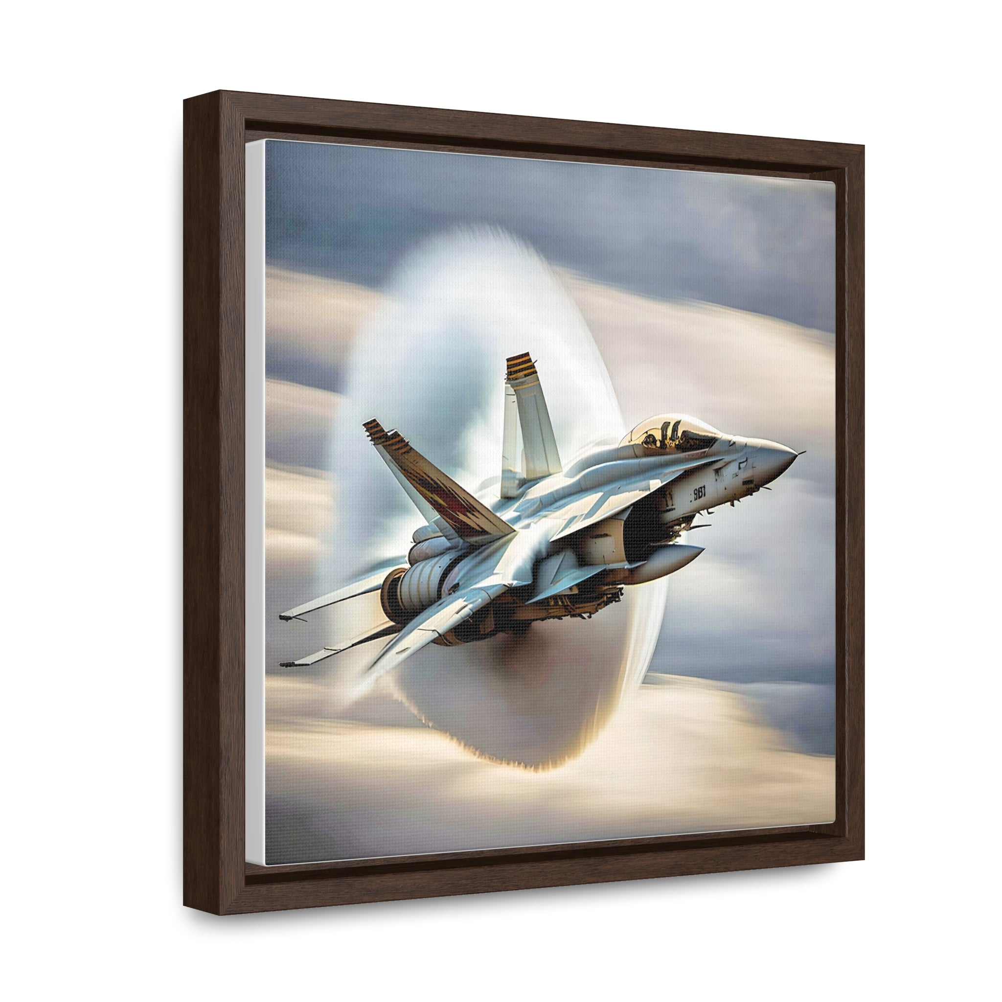 A high-resolution canvas print of the Super Hornet fighter jet, showcasing its sleek design and advanced weaponry, framed in walnut or black.