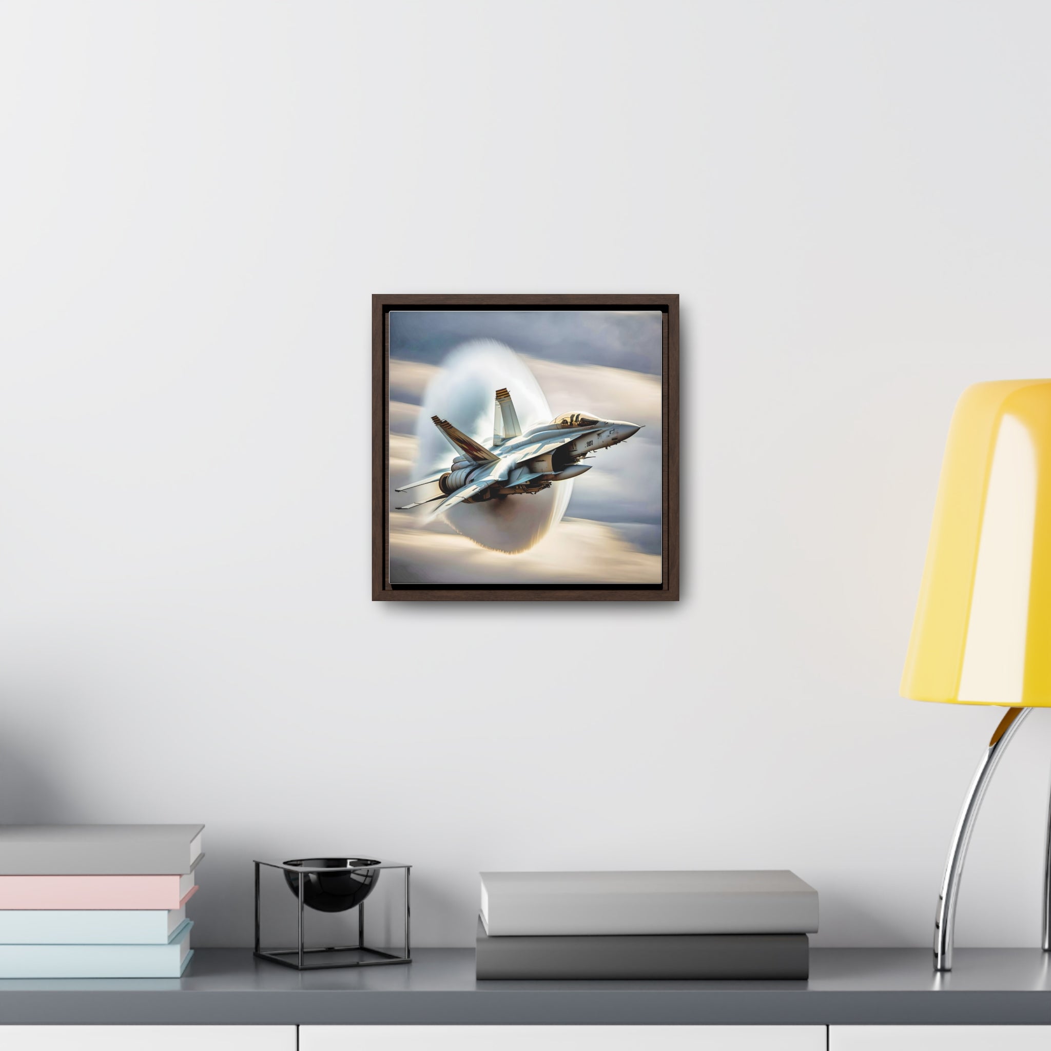 A high-resolution canvas print of the Super Hornet fighter jet, showcasing its sleek design and advanced weaponry, framed in walnut or black.