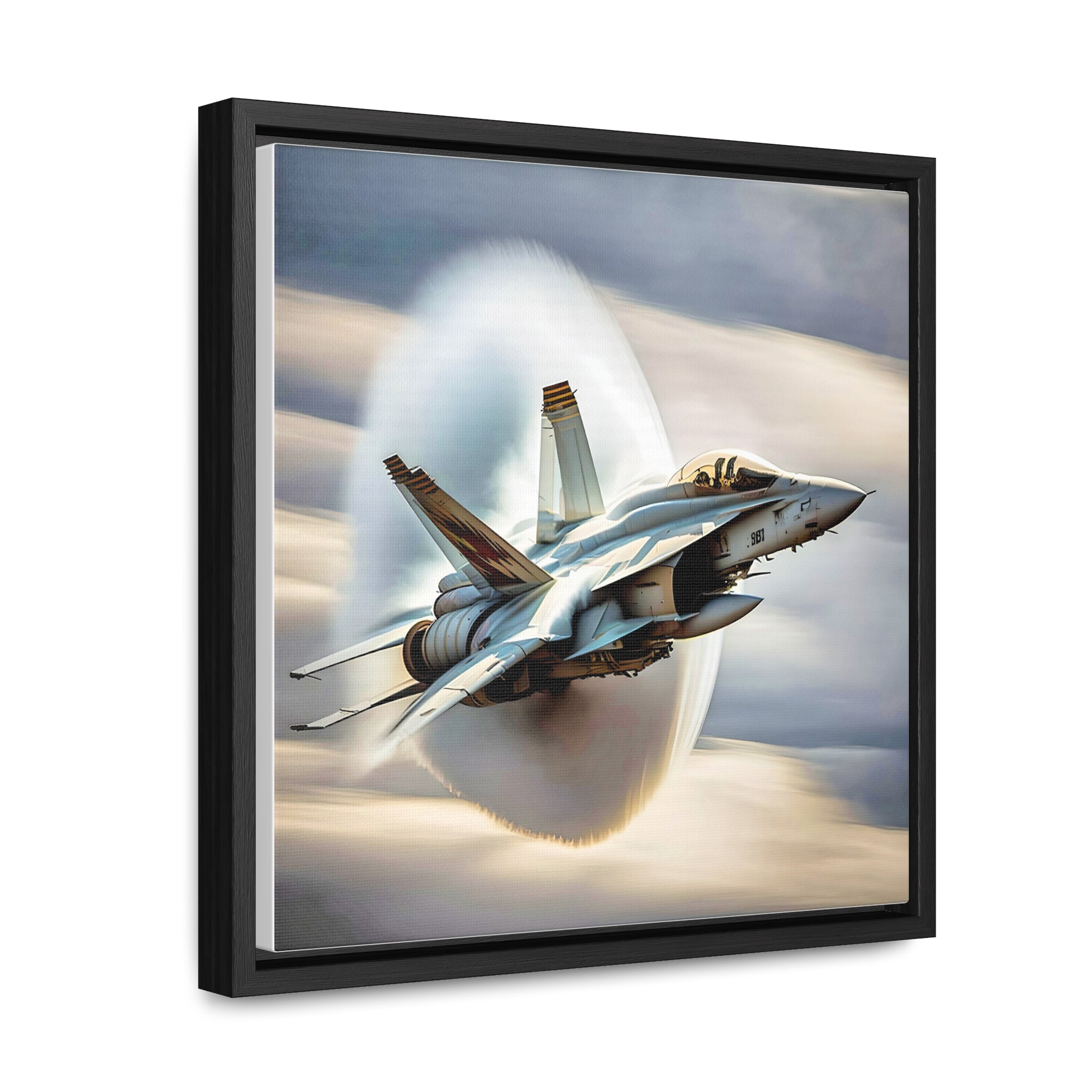 A high-resolution canvas print of the Super Hornet fighter jet, showcasing its sleek design and advanced weaponry, framed in walnut or black.