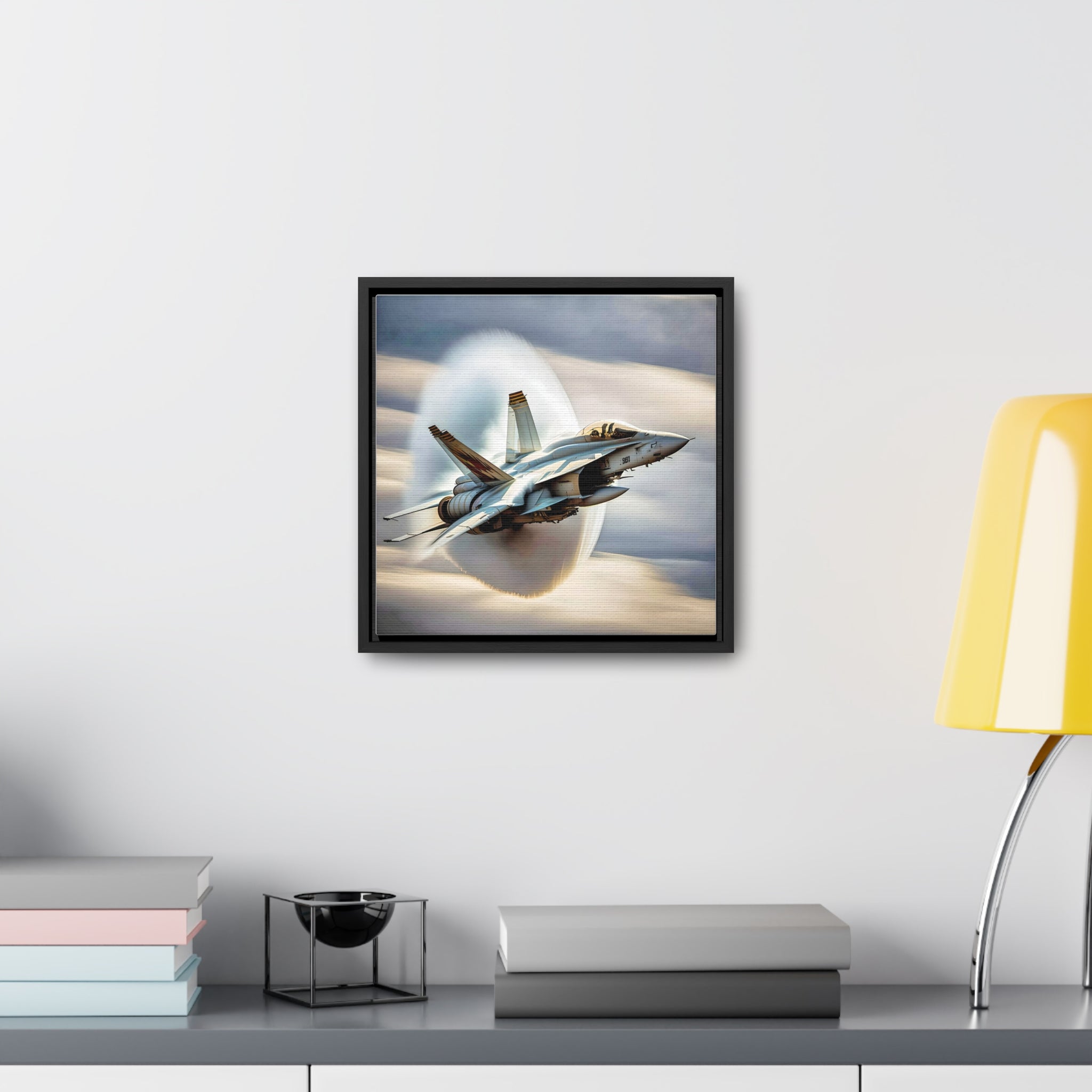 A high-resolution canvas print of the Super Hornet fighter jet, showcasing its sleek design and advanced weaponry, framed in walnut or black.