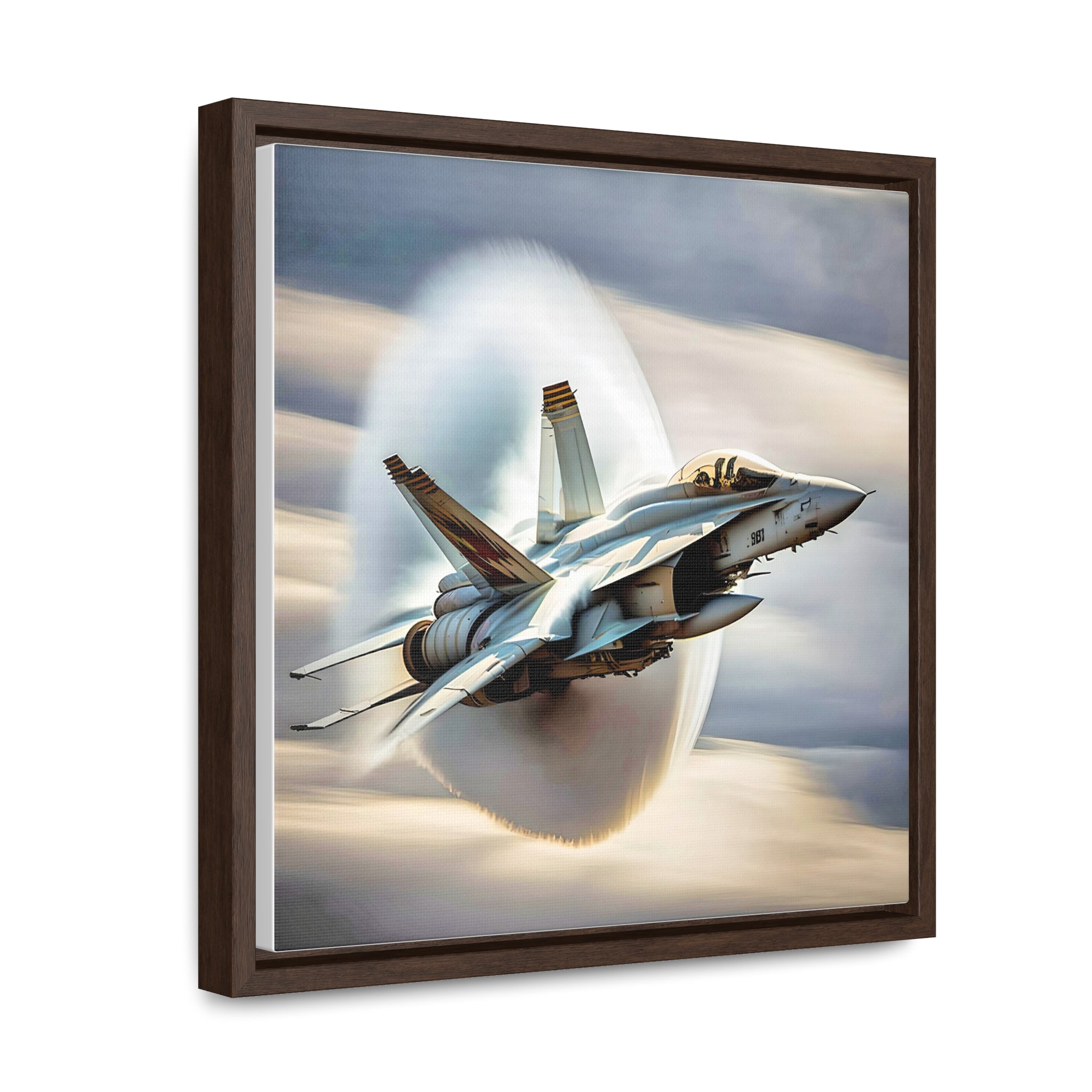 A high-resolution canvas print of the Super Hornet fighter jet, showcasing its sleek design and advanced weaponry, framed in walnut or black.