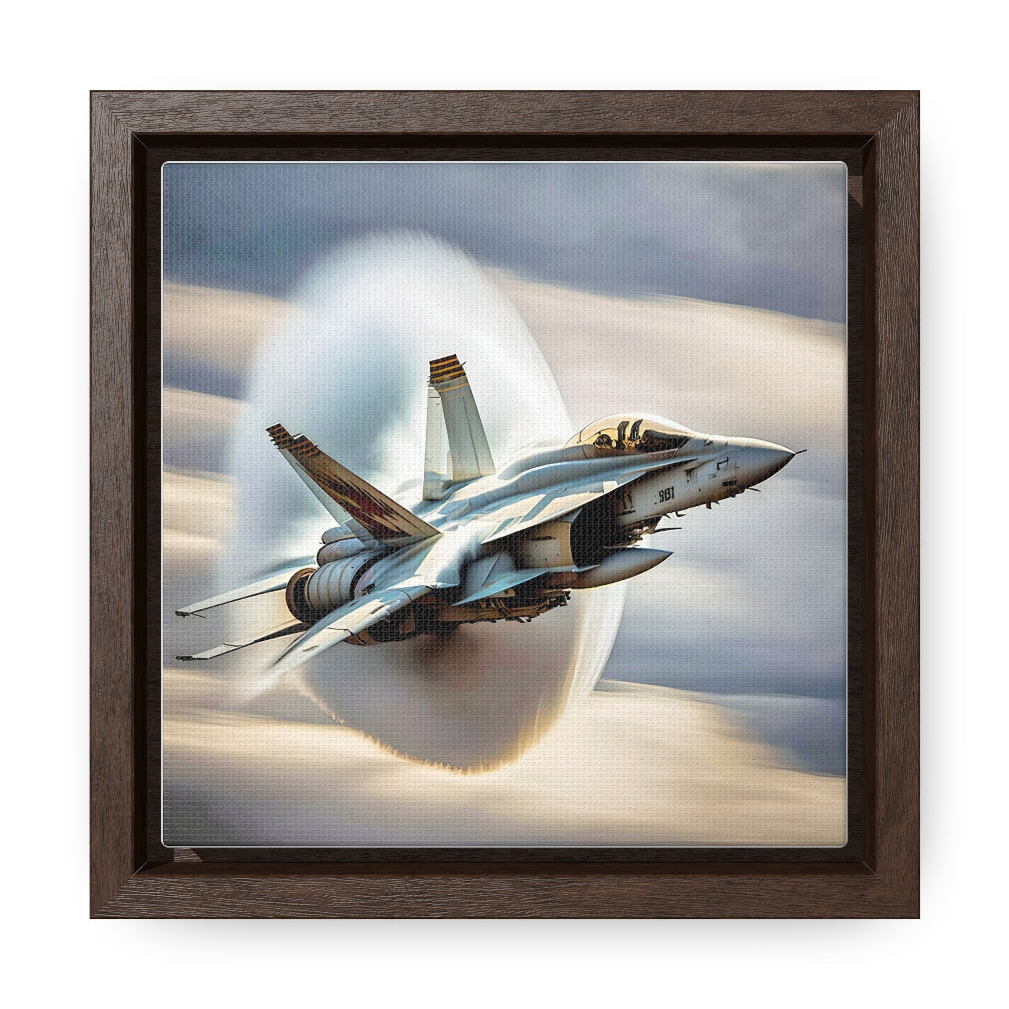 A high-resolution canvas print of the Super Hornet fighter jet, showcasing its sleek design and advanced weaponry, framed in walnut or black.