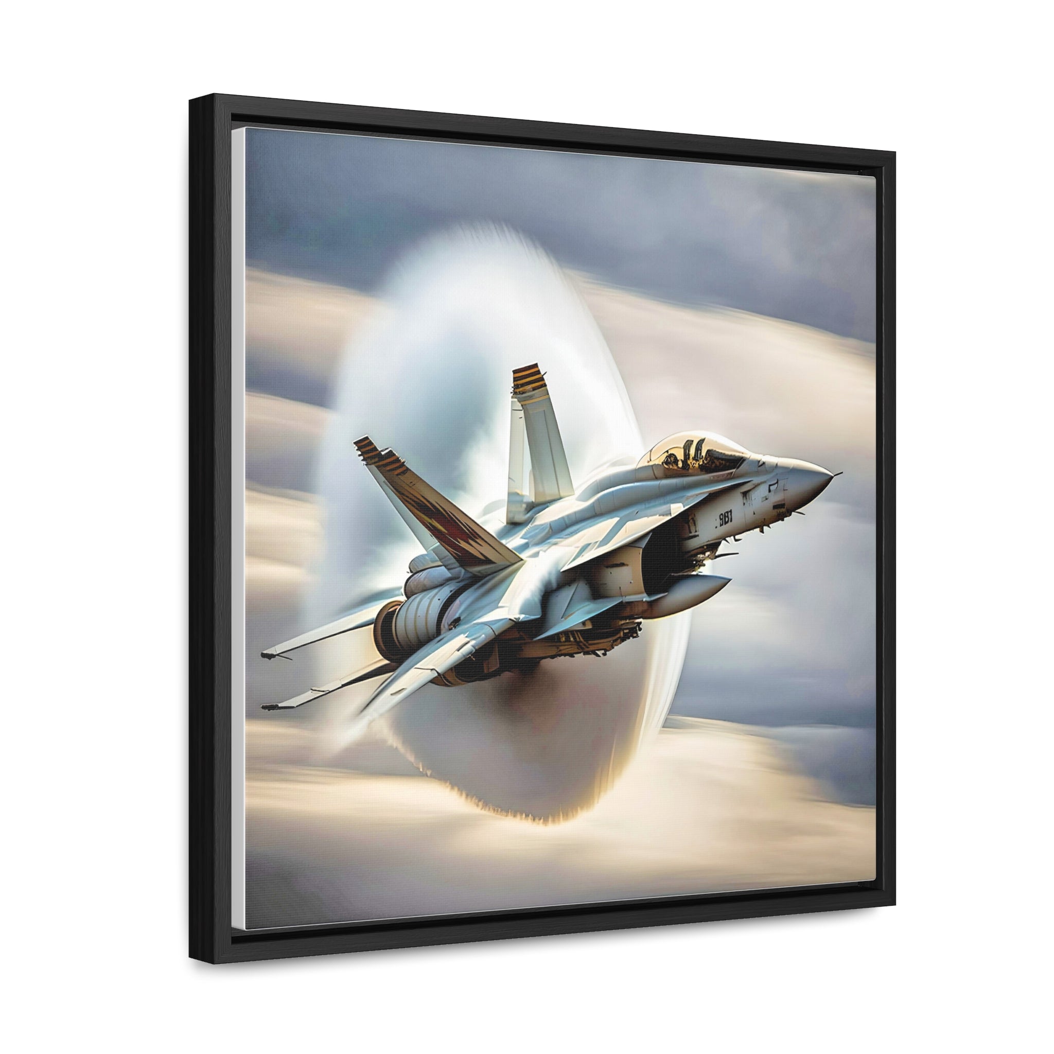 A high-resolution canvas print of the Super Hornet fighter jet, showcasing its sleek design and advanced weaponry, framed in walnut or black.