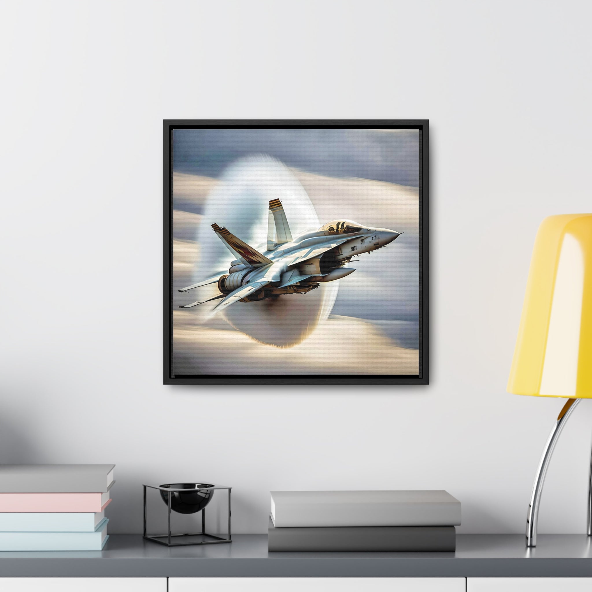 A high-resolution canvas print of the Super Hornet fighter jet, showcasing its sleek design and advanced weaponry, framed in walnut or black.