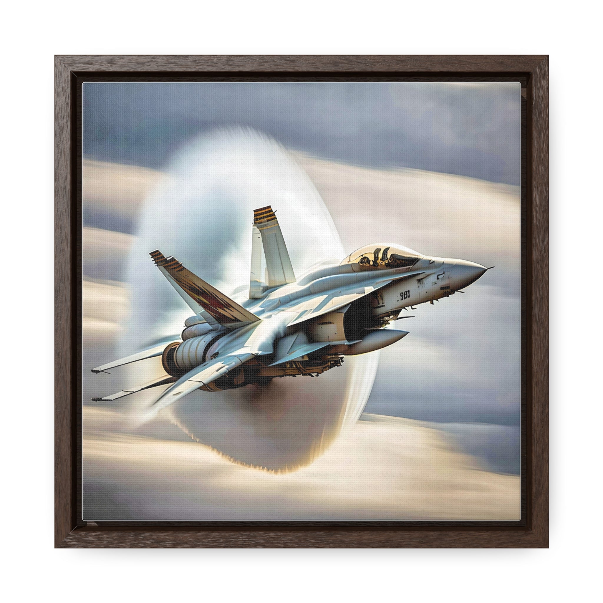 A high-resolution canvas print of the Super Hornet fighter jet, showcasing its sleek design and advanced weaponry, framed in walnut or black.