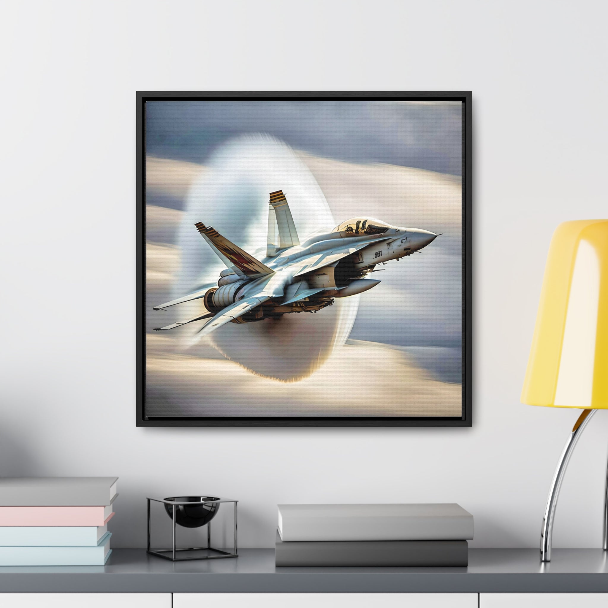 A high-resolution canvas print of the Super Hornet fighter jet, showcasing its sleek design and advanced weaponry, framed in walnut or black.