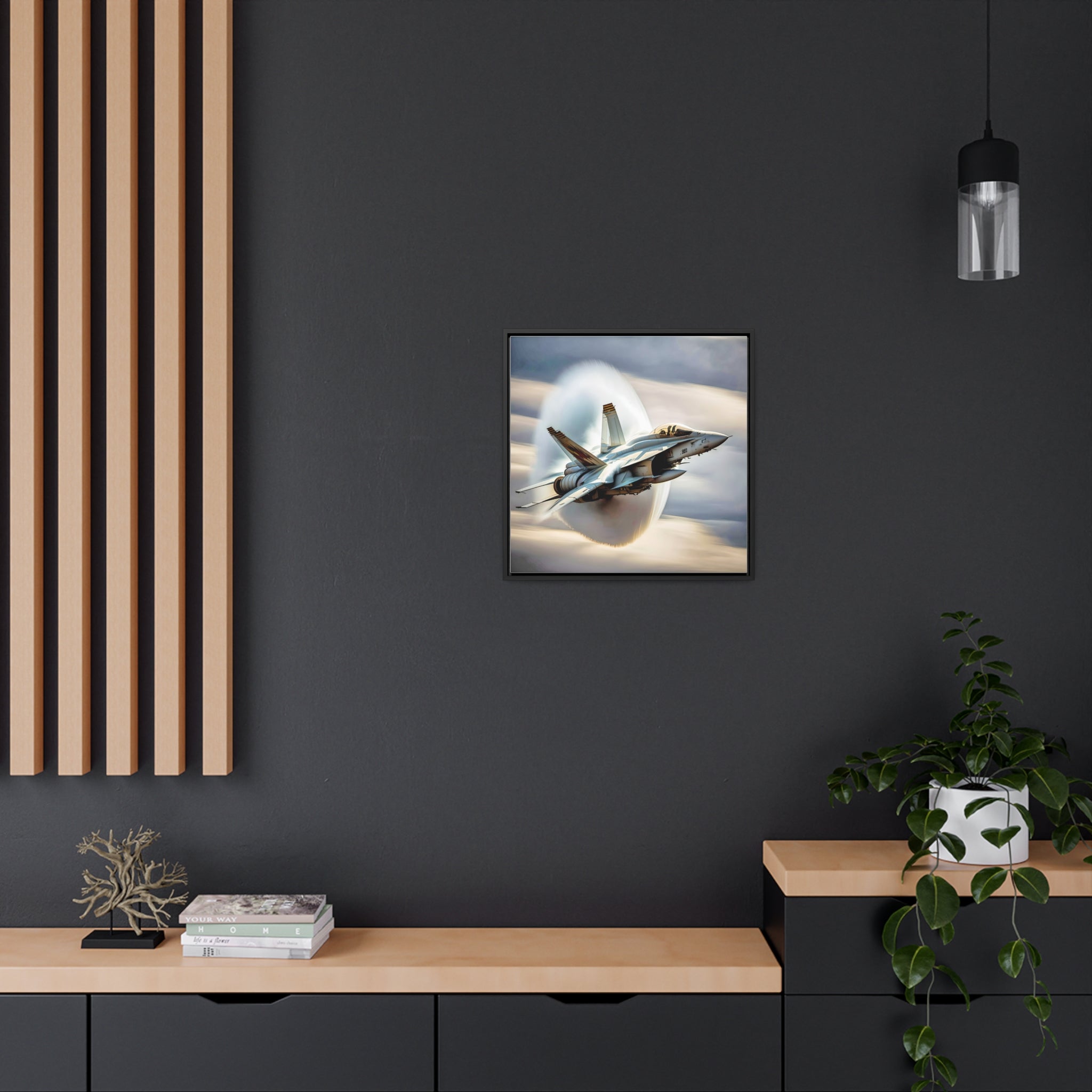 A high-resolution canvas print of the Super Hornet fighter jet, showcasing its sleek design and advanced weaponry, framed in walnut or black.