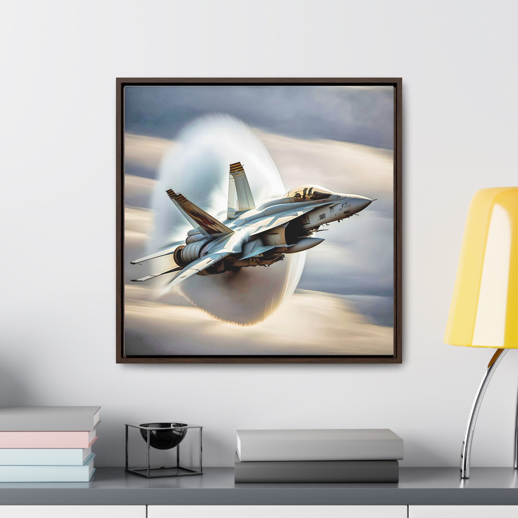 A high-resolution canvas print of the Super Hornet fighter jet, showcasing its sleek design and advanced weaponry, framed in walnut or black.