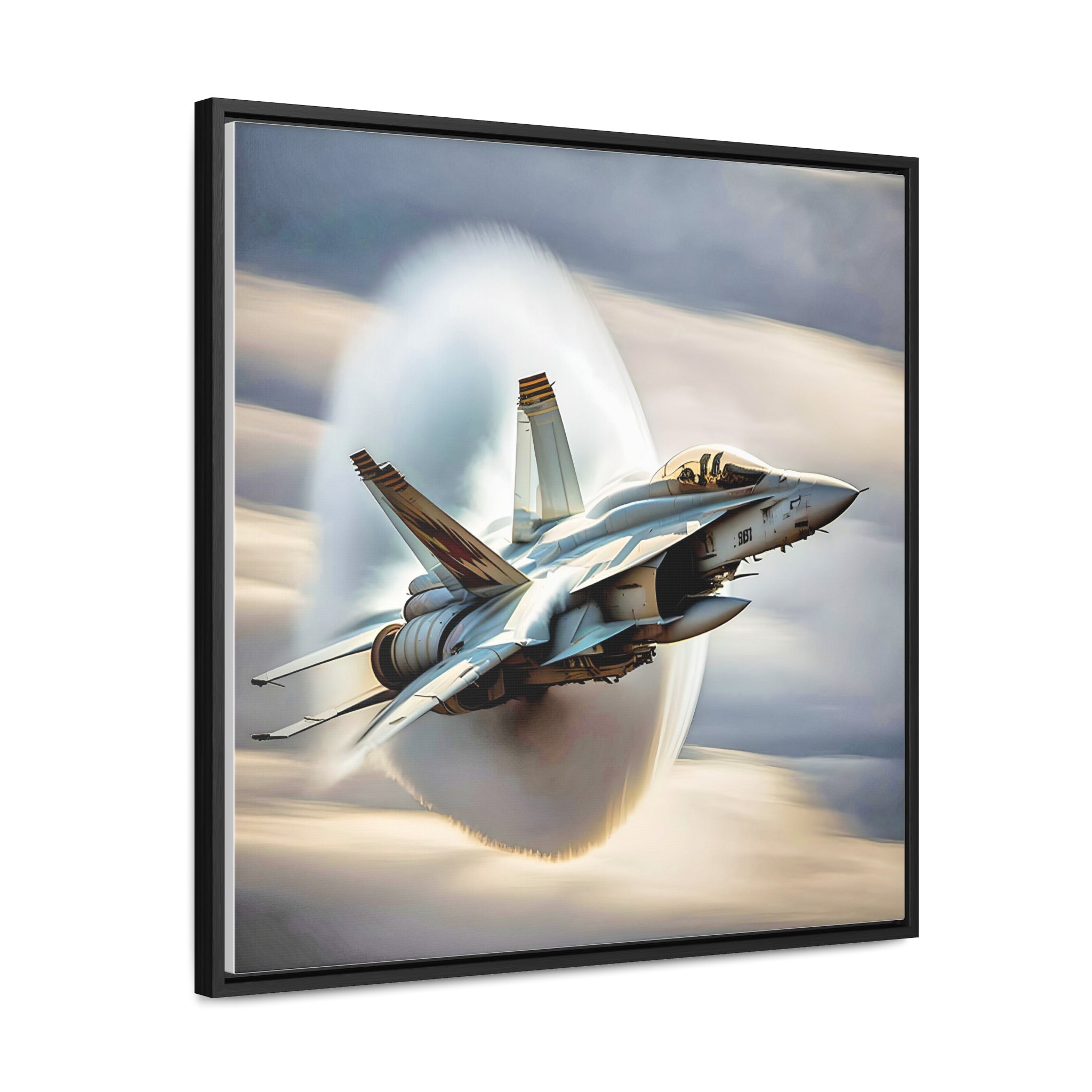 A high-resolution canvas print of the Super Hornet fighter jet, showcasing its sleek design and advanced weaponry, framed in walnut or black.