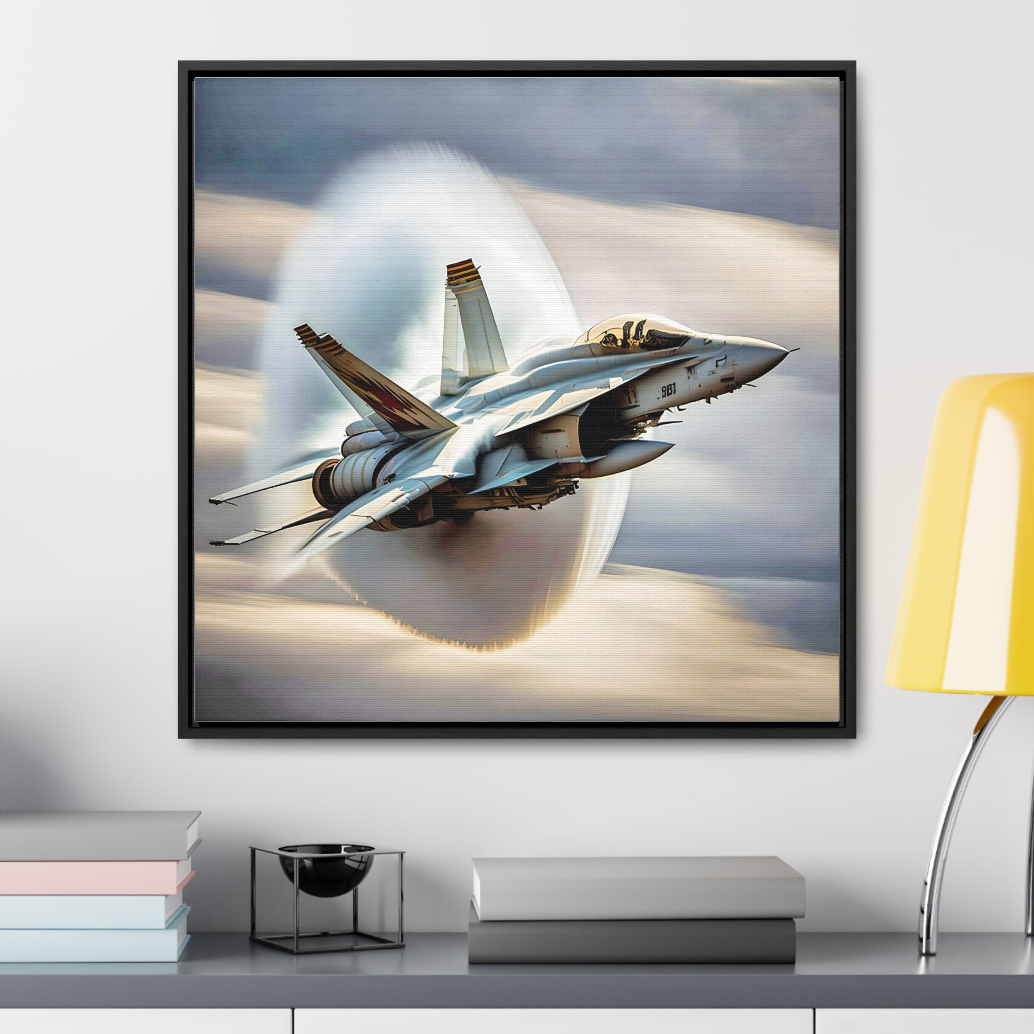 A high-resolution canvas print of the Super Hornet fighter jet, showcasing its sleek design and advanced weaponry, framed in walnut or black.