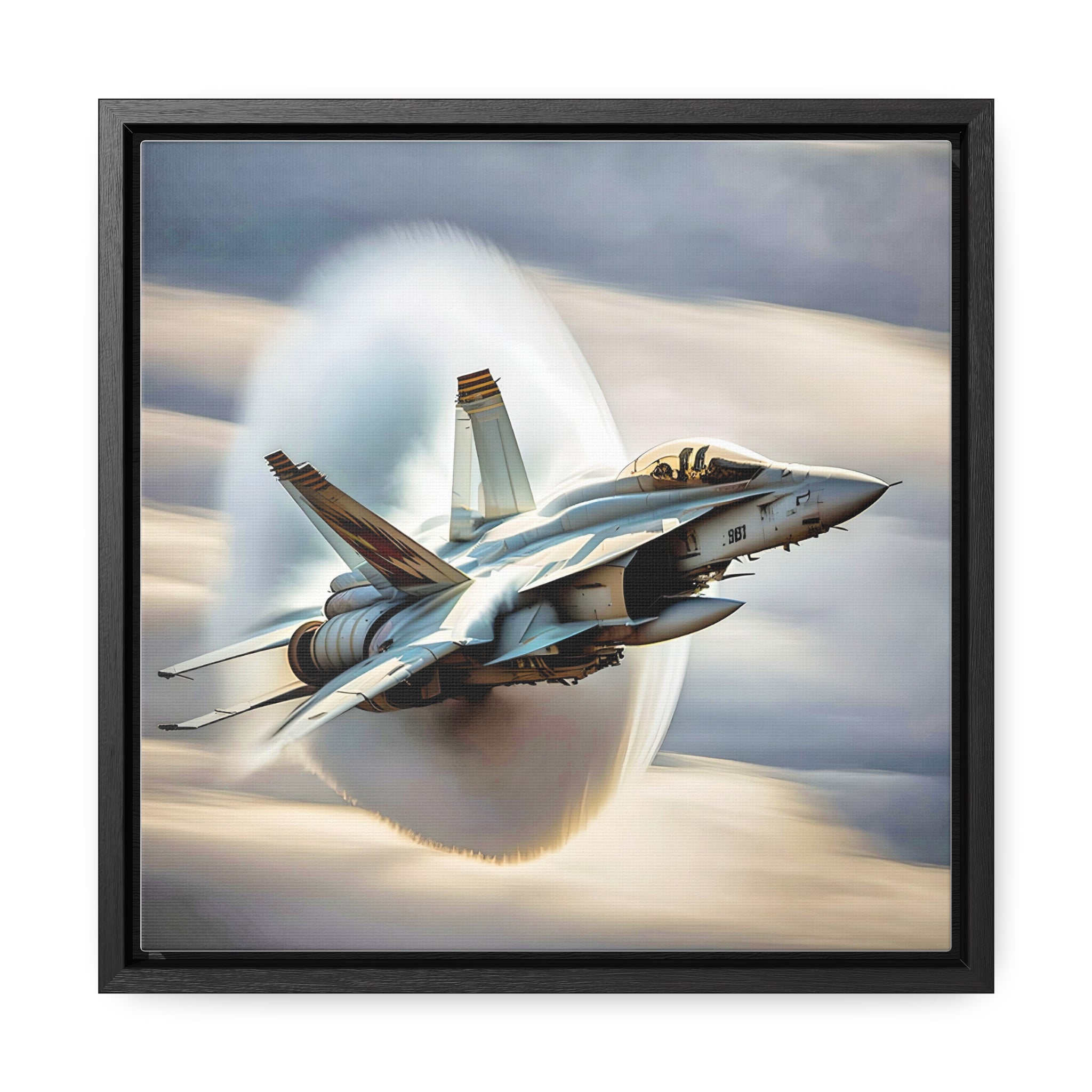 A high-resolution canvas print of the Super Hornet fighter jet, showcasing its sleek design and advanced weaponry, framed in walnut or black.