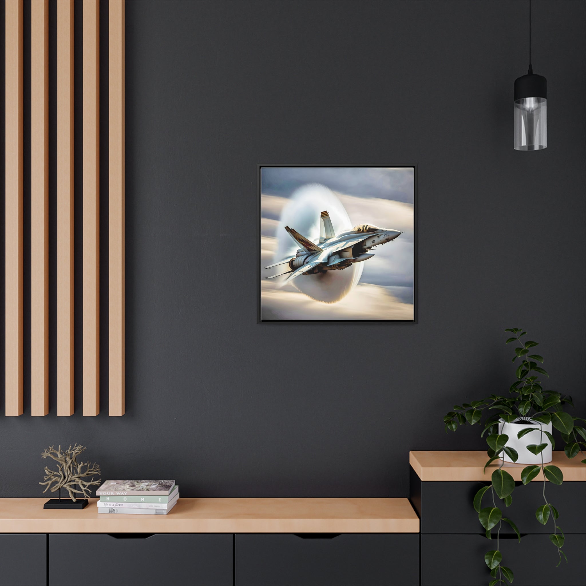 A high-resolution canvas print of the Super Hornet fighter jet, showcasing its sleek design and advanced weaponry, framed in walnut or black.