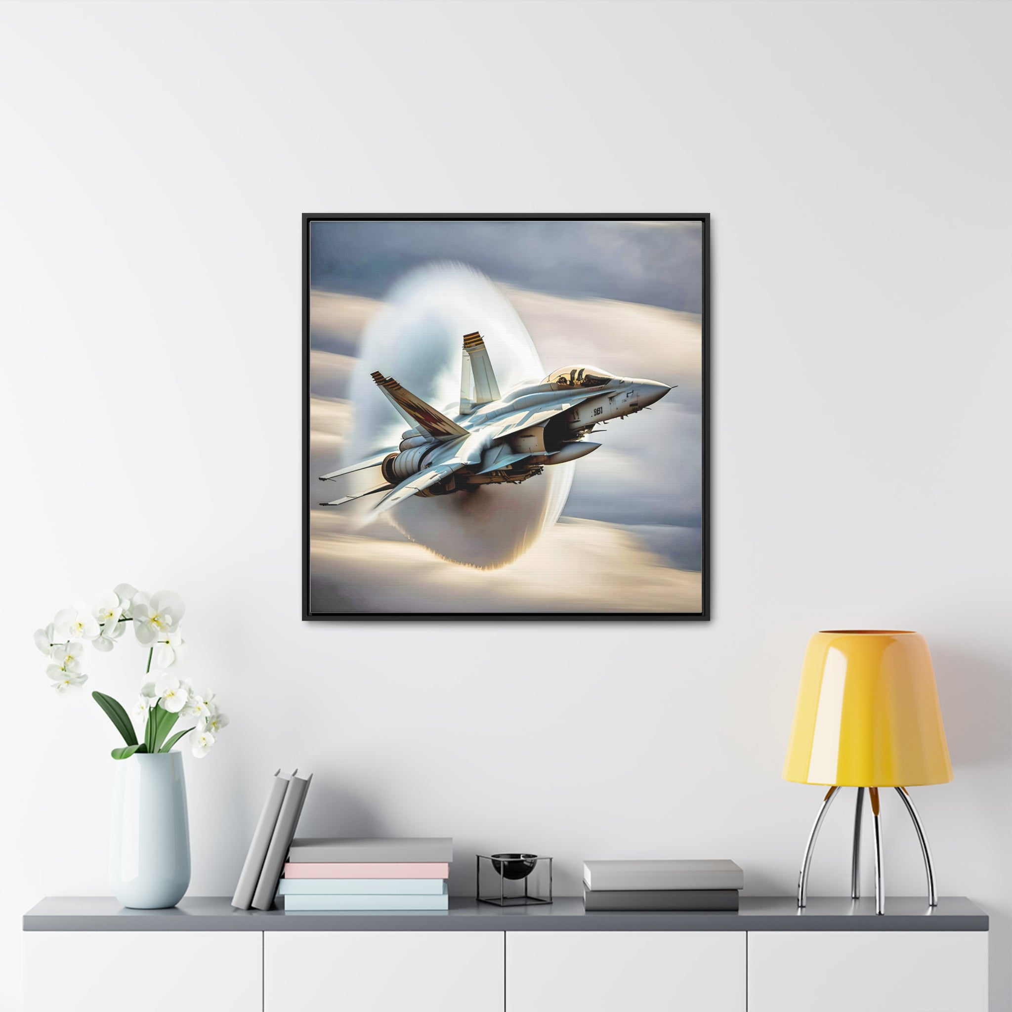 A high-resolution canvas print of the Super Hornet fighter jet, showcasing its sleek design and advanced weaponry, framed in walnut or black.