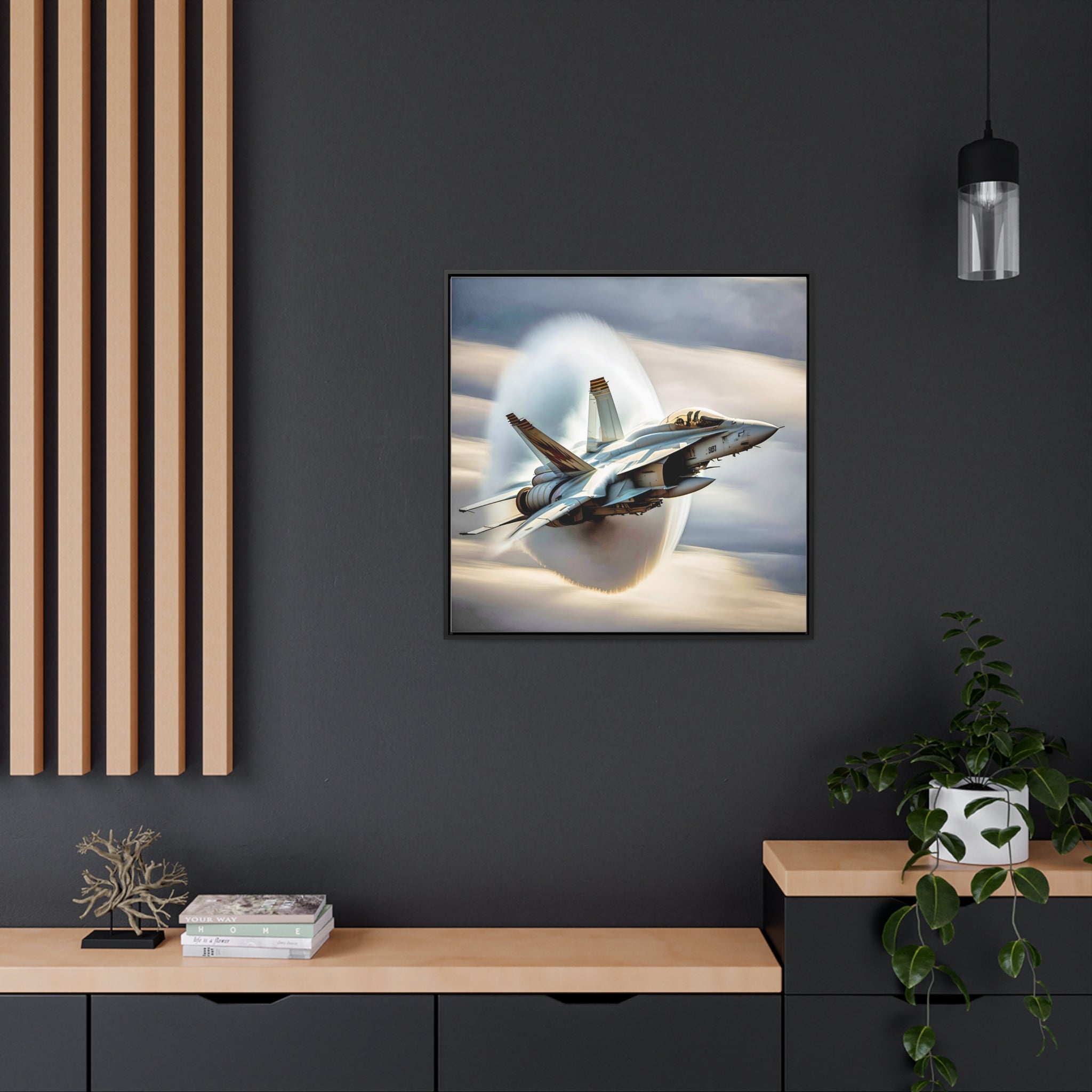 A high-resolution canvas print of the Super Hornet fighter jet, showcasing its sleek design and advanced weaponry, framed in walnut or black.