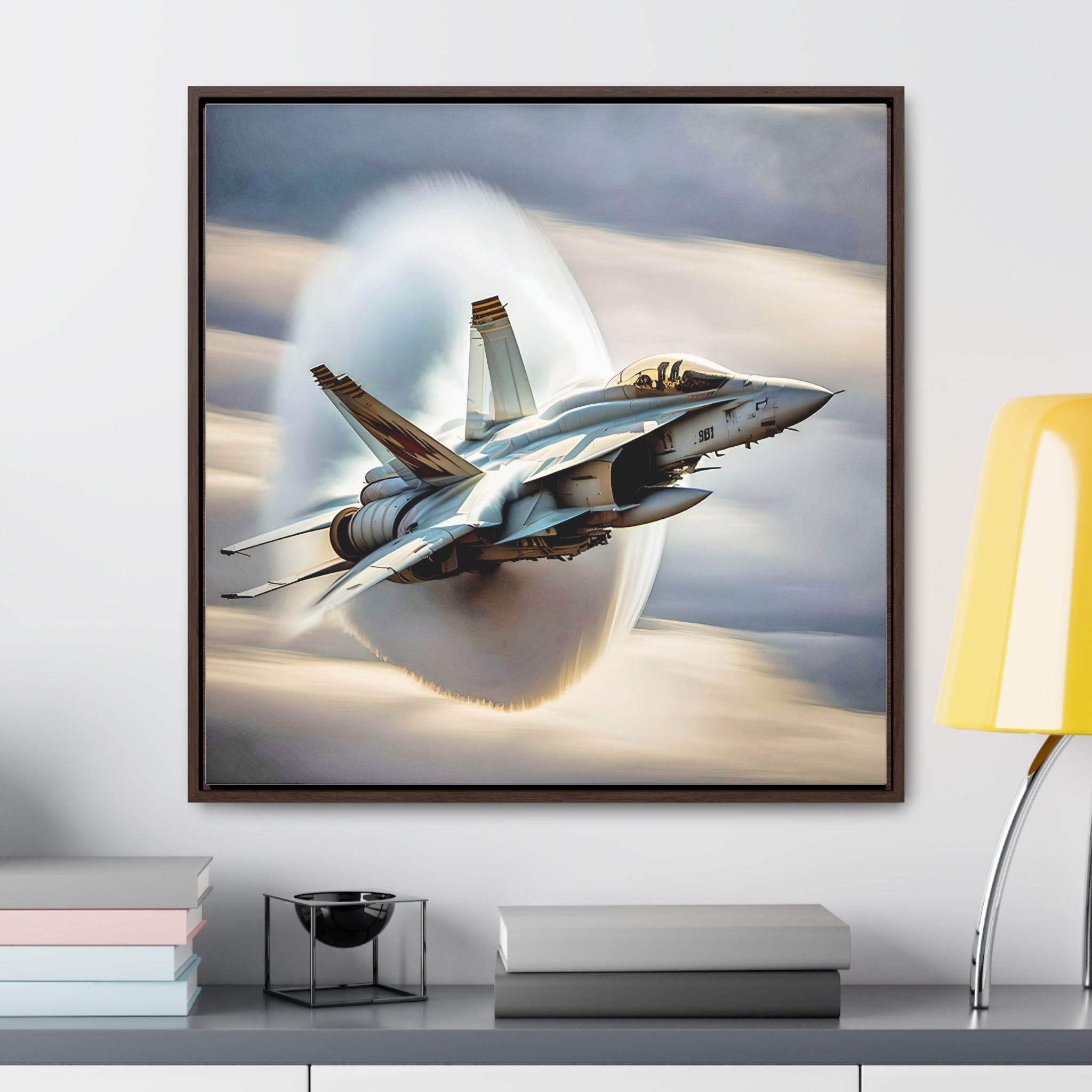 A high-resolution canvas print of the Super Hornet fighter jet, showcasing its sleek design and advanced weaponry, framed in walnut or black.