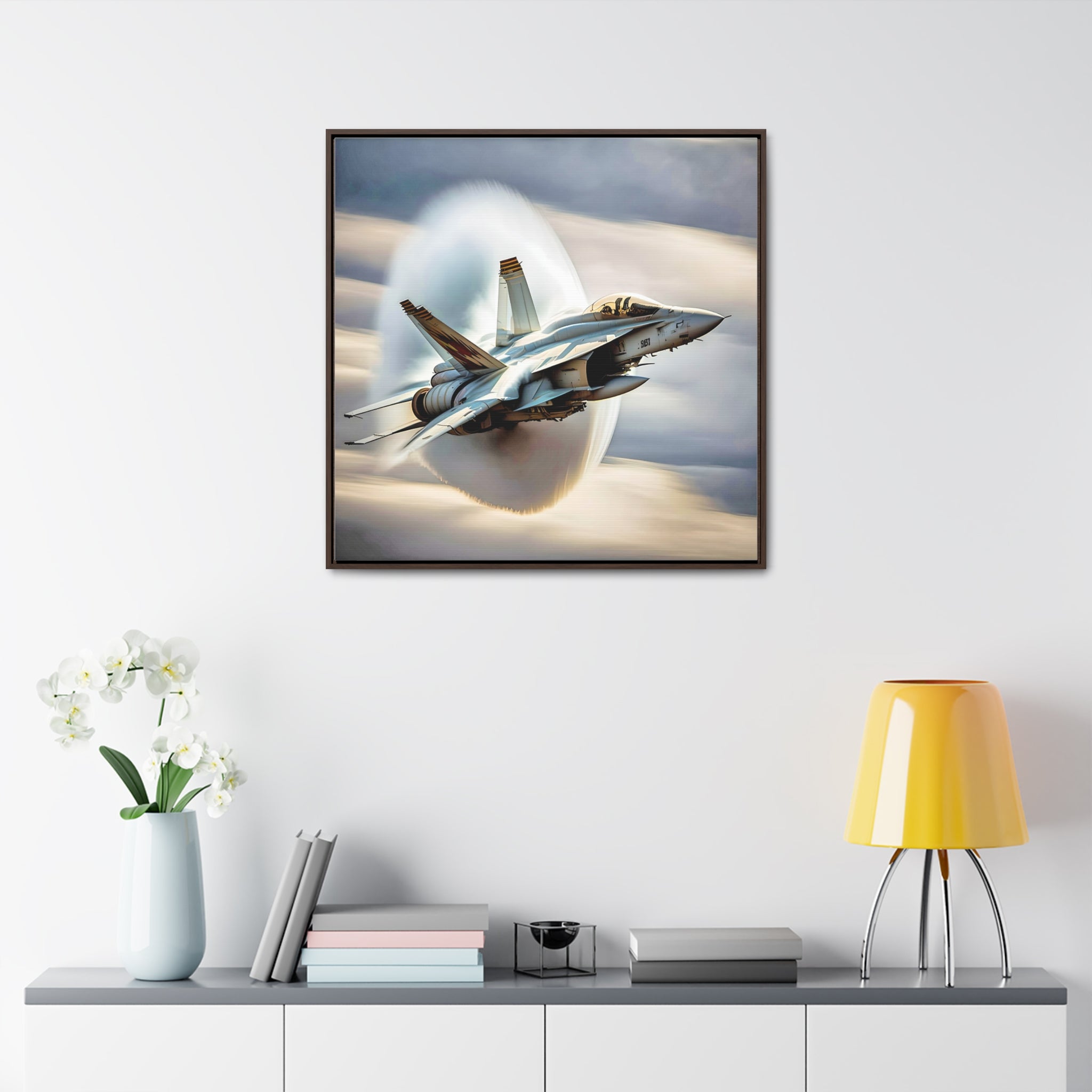 A high-resolution canvas print of the Super Hornet fighter jet, showcasing its sleek design and advanced weaponry, framed in walnut or black.