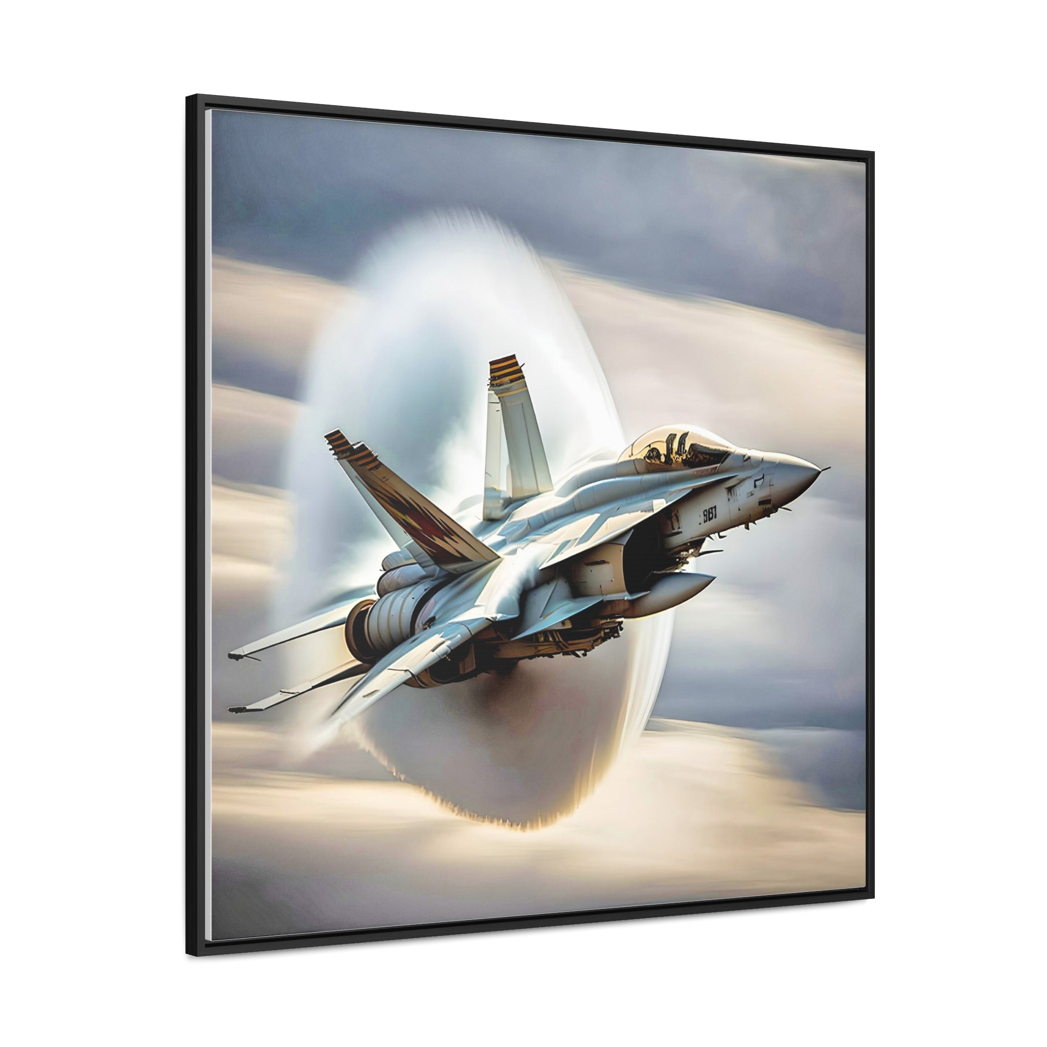 A high-resolution canvas print of the Super Hornet fighter jet, showcasing its sleek design and advanced weaponry, framed in walnut or black.