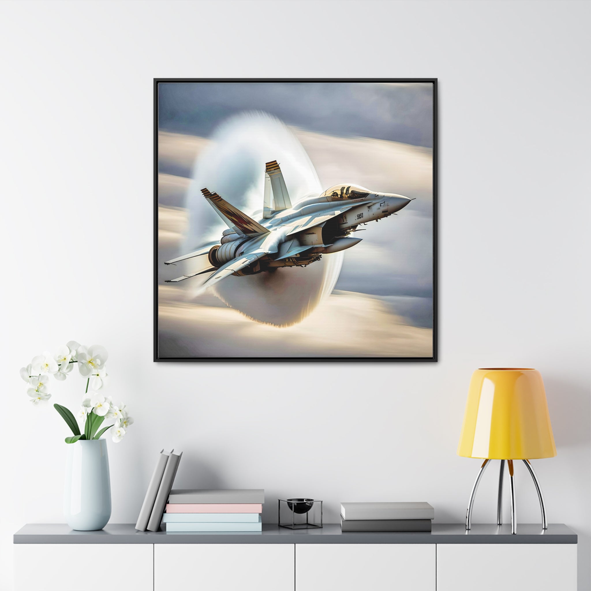 A high-resolution canvas print of the Super Hornet fighter jet, showcasing its sleek design and advanced weaponry, framed in walnut or black.