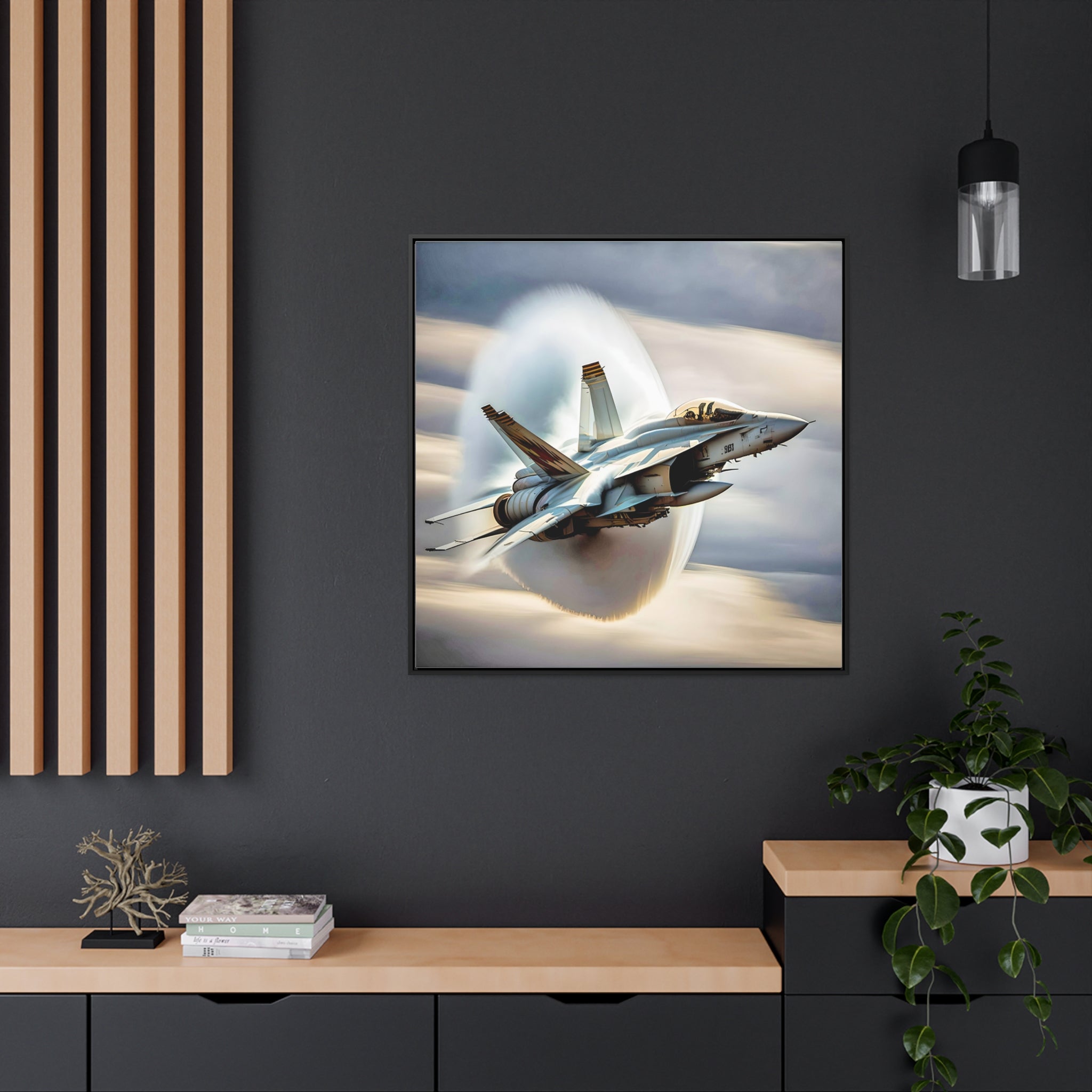 A high-resolution canvas print of the Super Hornet fighter jet, showcasing its sleek design and advanced weaponry, framed in walnut or black.