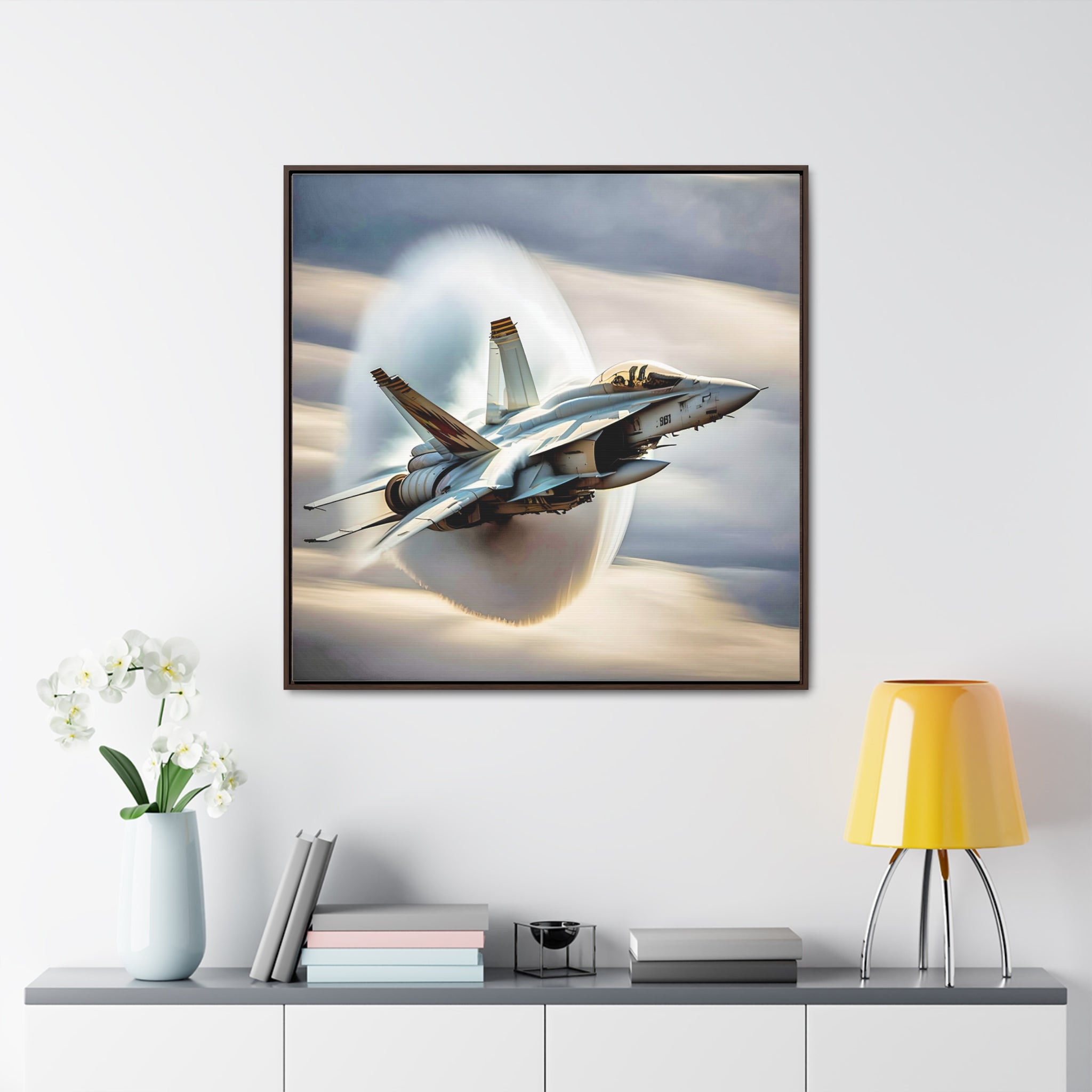 A high-resolution canvas print of the Super Hornet fighter jet, showcasing its sleek design and advanced weaponry, framed in walnut or black.