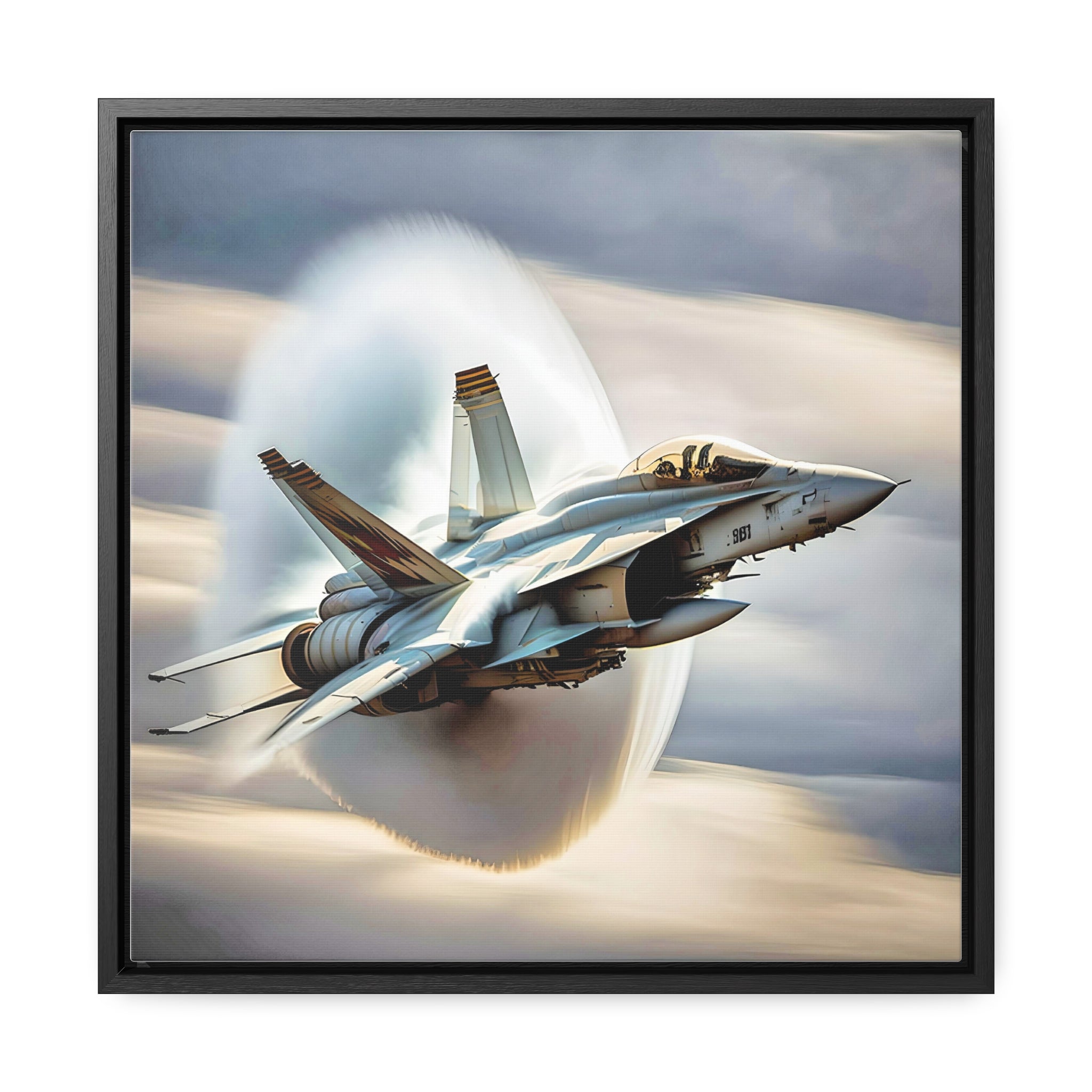 A high-resolution canvas print of the Super Hornet fighter jet, showcasing its sleek design and advanced weaponry, framed in walnut or black.