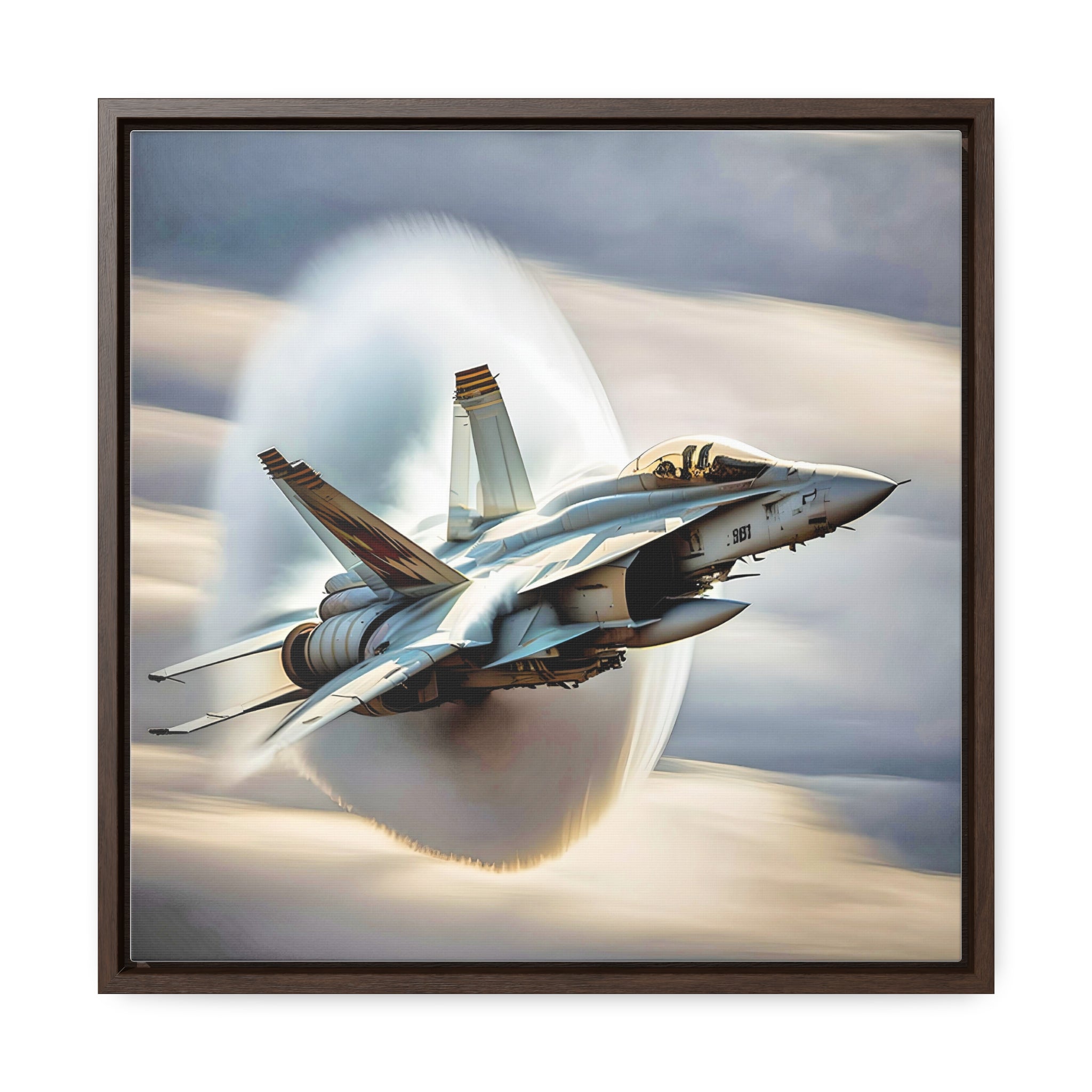 A high-resolution canvas print of the Super Hornet fighter jet, showcasing its sleek design and advanced weaponry, framed in walnut or black.