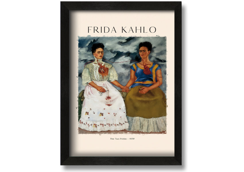 A vibrant canvas print of Frida Kahlo's 'The Two Fridas', showcasing two distinct versions of the artist in traditional and modern attire.