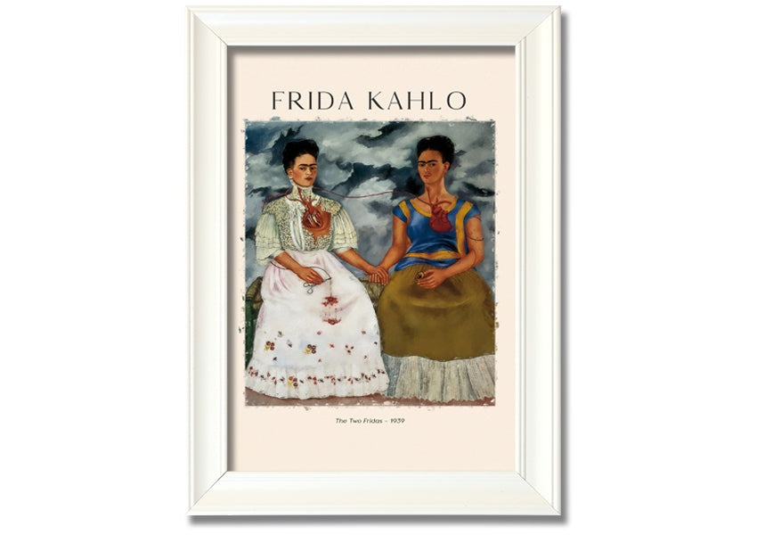 A vibrant canvas print of Frida Kahlo's 'The Two Fridas', showcasing two distinct versions of the artist in traditional and modern attire.