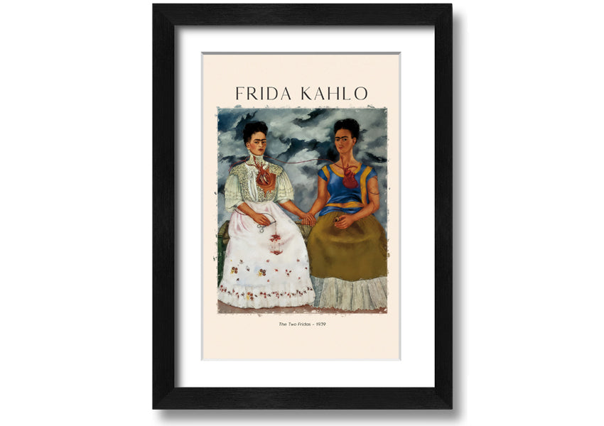 A vibrant canvas print of Frida Kahlo's 'The Two Fridas', showcasing two distinct versions of the artist in traditional and modern attire.