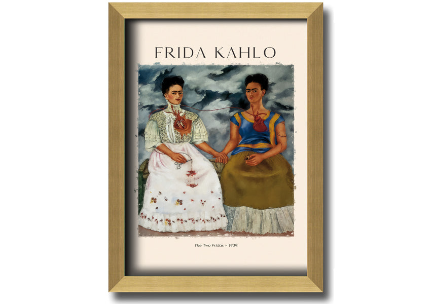 A vibrant canvas print of Frida Kahlo's 'The Two Fridas', showcasing two distinct versions of the artist in traditional and modern attire.