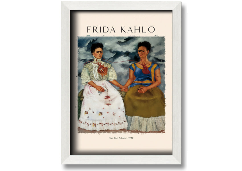 A vibrant canvas print of Frida Kahlo's 'The Two Fridas', showcasing two distinct versions of the artist in traditional and modern attire.