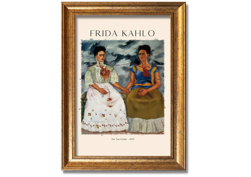 A vibrant canvas print of Frida Kahlo's 'The Two Fridas', showcasing two distinct versions of the artist in traditional and modern attire.