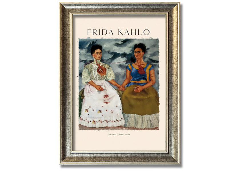 A vibrant canvas print of Frida Kahlo's 'The Two Fridas', showcasing two distinct versions of the artist in traditional and modern attire.