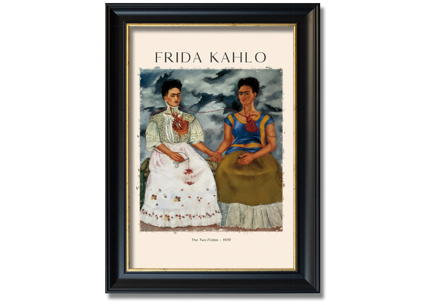 A vibrant canvas print of Frida Kahlo's 'The Two Fridas', showcasing two distinct versions of the artist in traditional and modern attire.