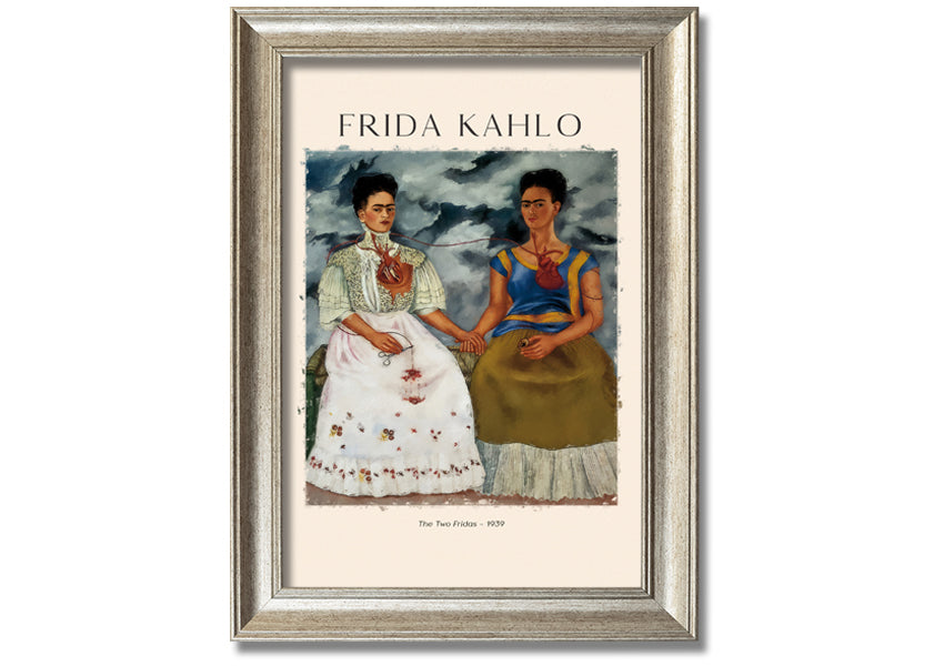 A vibrant canvas print of Frida Kahlo's 'The Two Fridas', showcasing two distinct versions of the artist in traditional and modern attire.