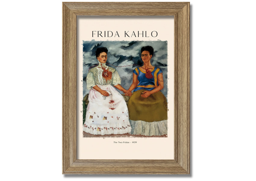 A vibrant canvas print of Frida Kahlo's 'The Two Fridas', showcasing two distinct versions of the artist in traditional and modern attire.