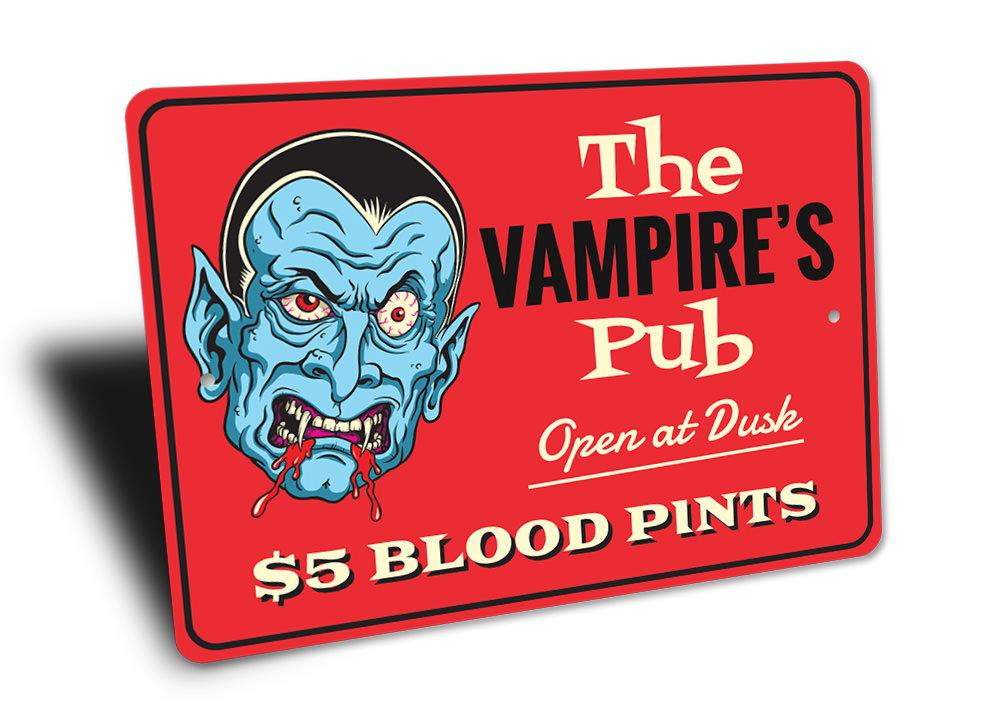 The Vampire Pub Sign featuring spooky Halloween design, made of durable aluminum with pre-drilled holes for easy mounting.