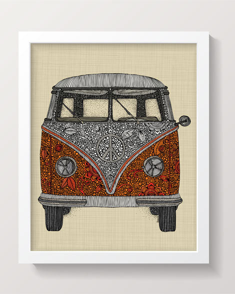 An 8x10 archival art print titled 'The Van', showcasing original pen and ink art with vibrant digital coloring on matte card stock.