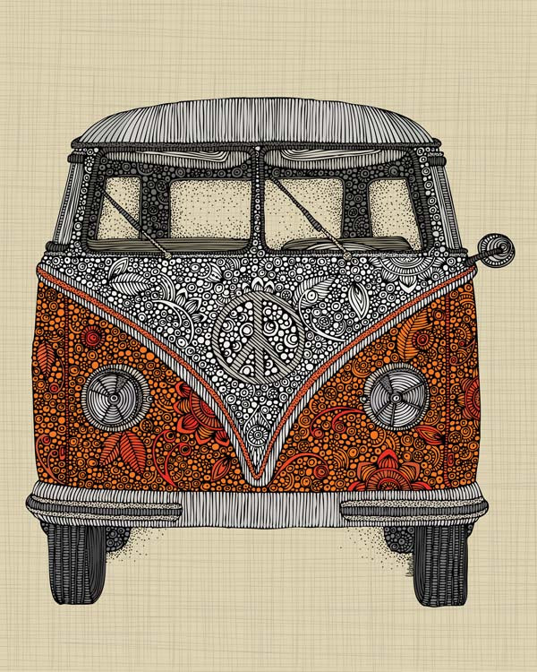 An 8x10 archival art print titled 'The Van', showcasing original pen and ink art with vibrant digital coloring on matte card stock.