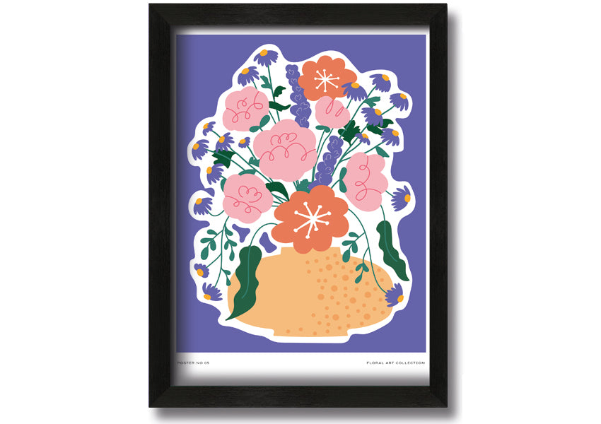 A beautifully framed print of a vase filled with colorful flowers against a lilac background, showcasing vibrant colors and elegant design.