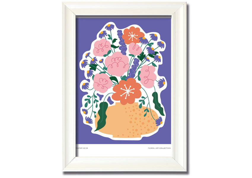 A beautifully framed print of a vase filled with colorful flowers against a lilac background, showcasing vibrant colors and elegant design.