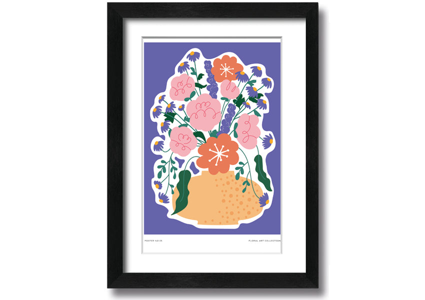 A beautifully framed print of a vase filled with colorful flowers against a lilac background, showcasing vibrant colors and elegant design.